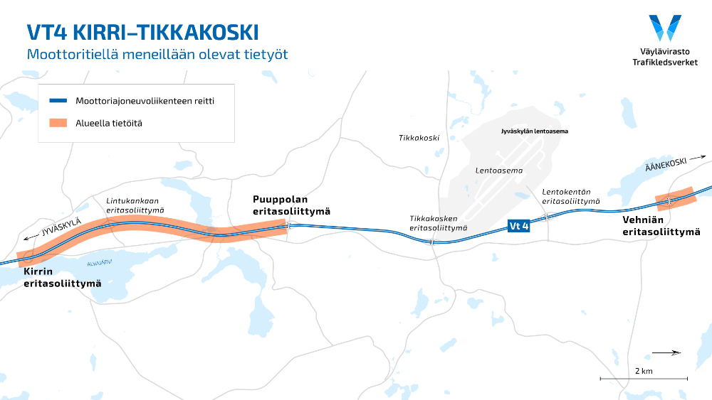 Kartta valtatie 4 Kirri-Tikkakoski, Kirrin ja Puuppolan eritasoliittymien välillä päällystystyöt, Vehniän eritasoliittymän päällystys- ja kaistamerkintätyöt