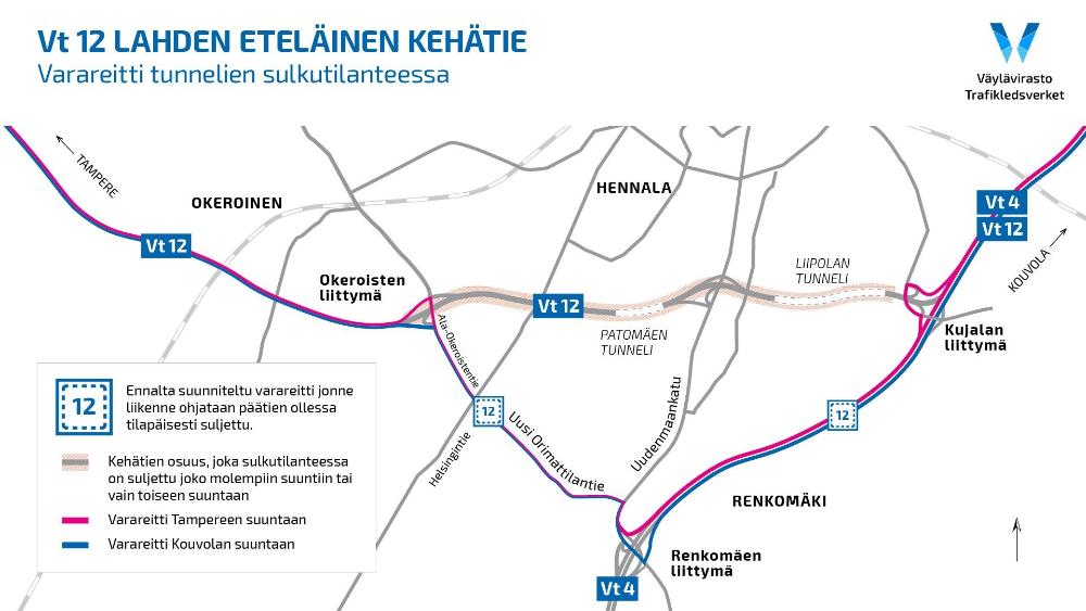 Karttakuva varareitistä tunnelien sulketilanteeseen