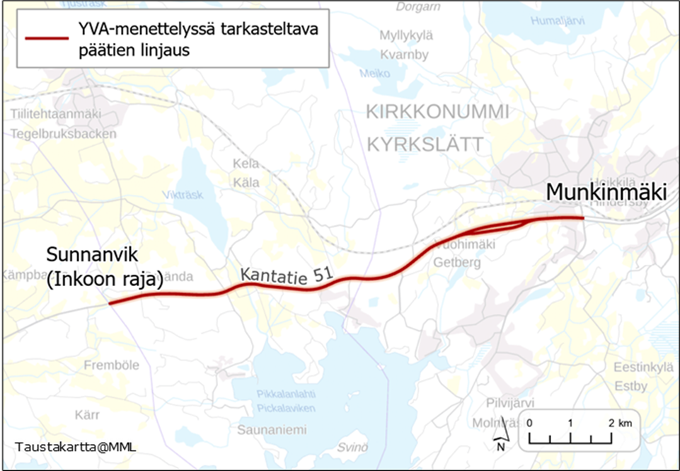 Kartta YVA-menettelyssä tarkasteltavasta päätien linjauksesta.