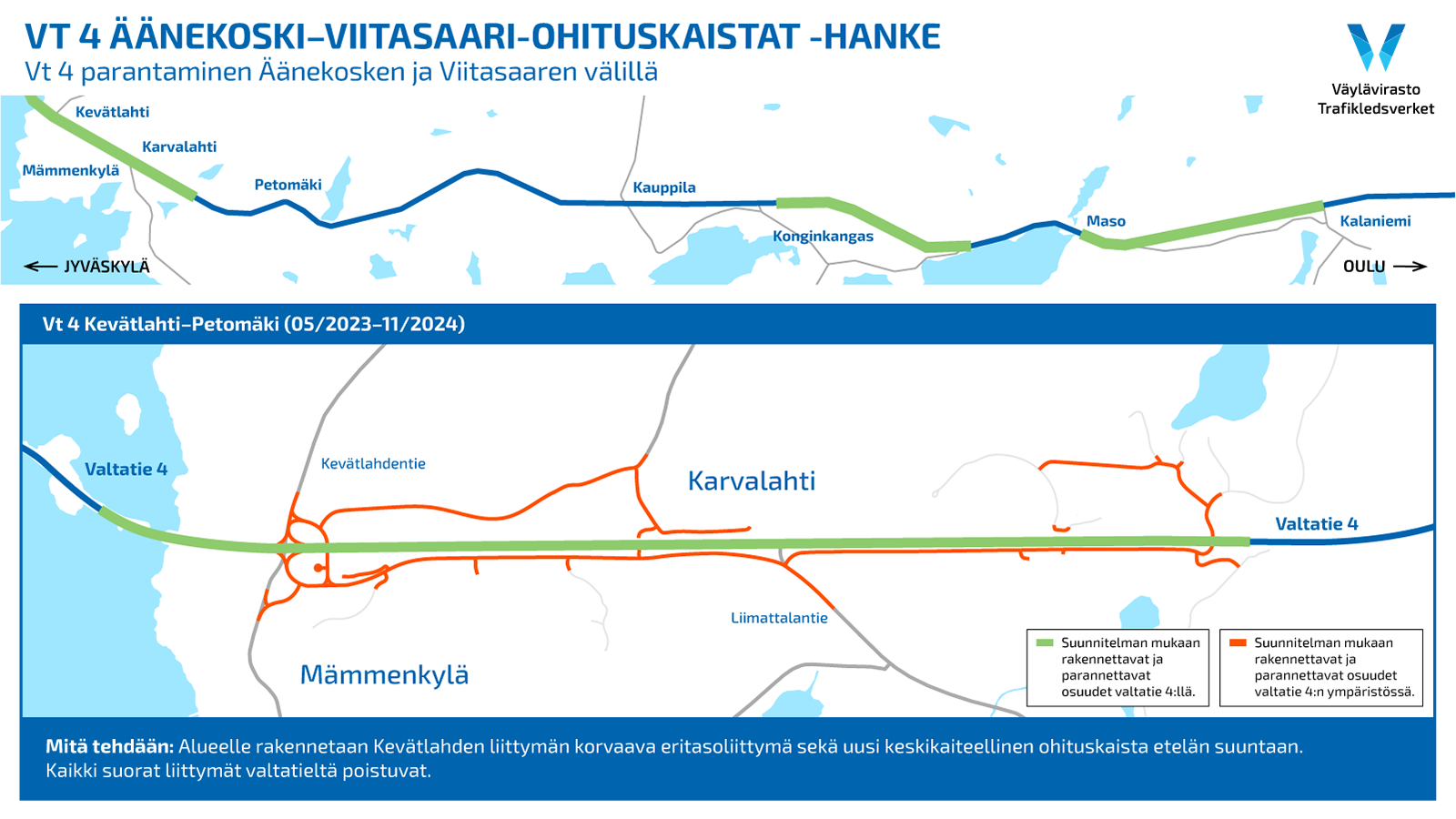 VT 4 Äänekosken ja Viitasaaren ohituskaistahankkeen tietöitä kuvaava karttagraafi