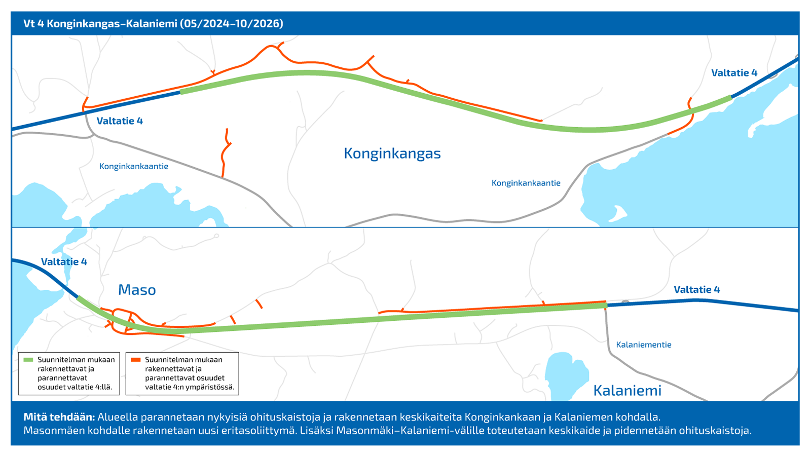 Karttagraafi Äänekoski-Viitasaari ohituskaistat hankkeen tietöistä Konginkankaan kohdalta