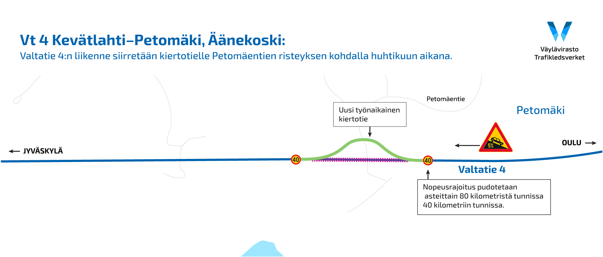 Kartta: Valtatie 4:n liikenne siirretään kiertotielle Äänekoskella Petomäentien risteyksen kohdalla.
