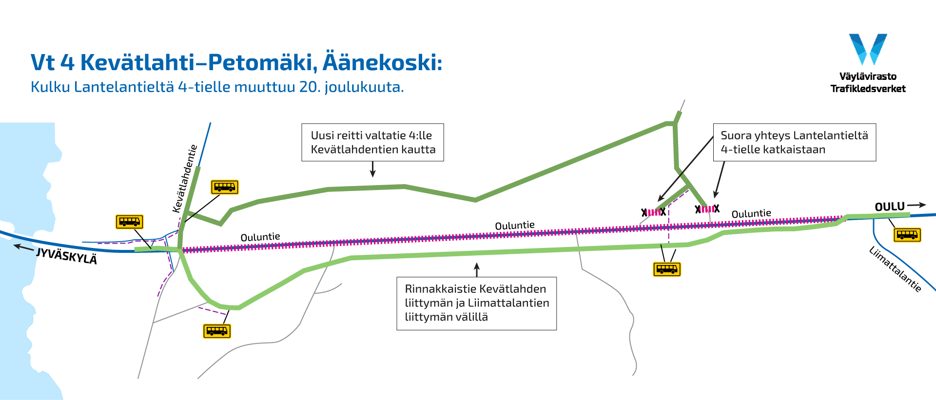 Valtatie 4:n liikennejärjestelyt ohituskaistahankkeessa, kartta Kevätlahti-Petomäen alueelta