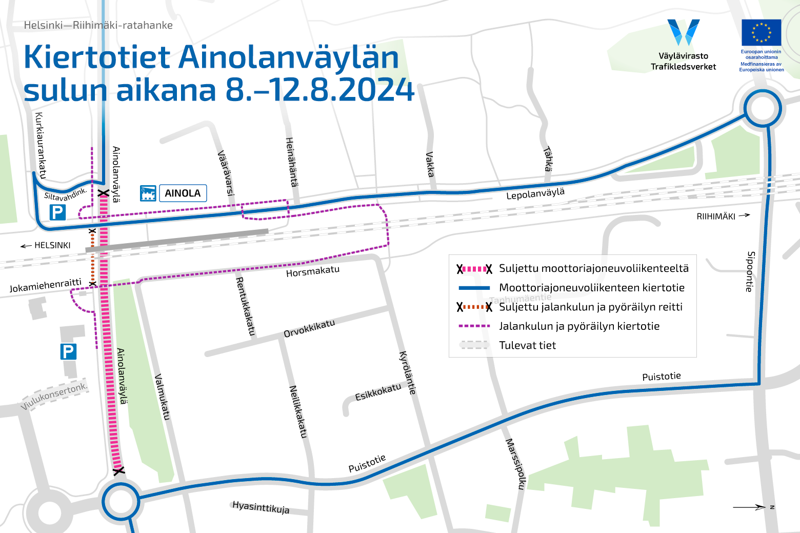 Kiertotiet Ainolanväylän sulun aikana. 