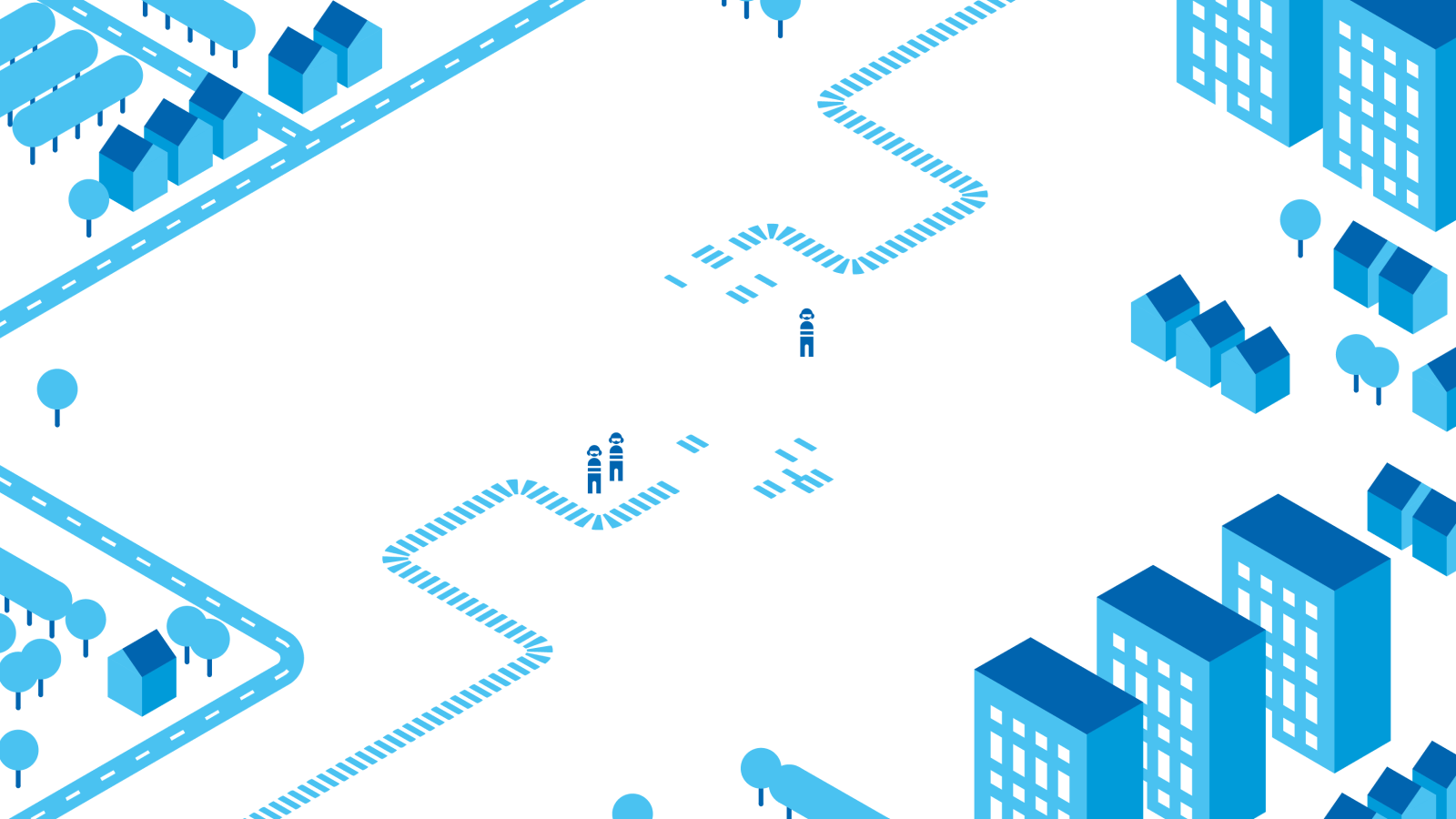 Grafiikkakuva, jossa kuvan reunoilla on piirrettyjä puita ja rakennuksia. Kuvan keskellä on kaksi ihmishahmoa ja raiteiden palasia, joista rakentuu junarata.