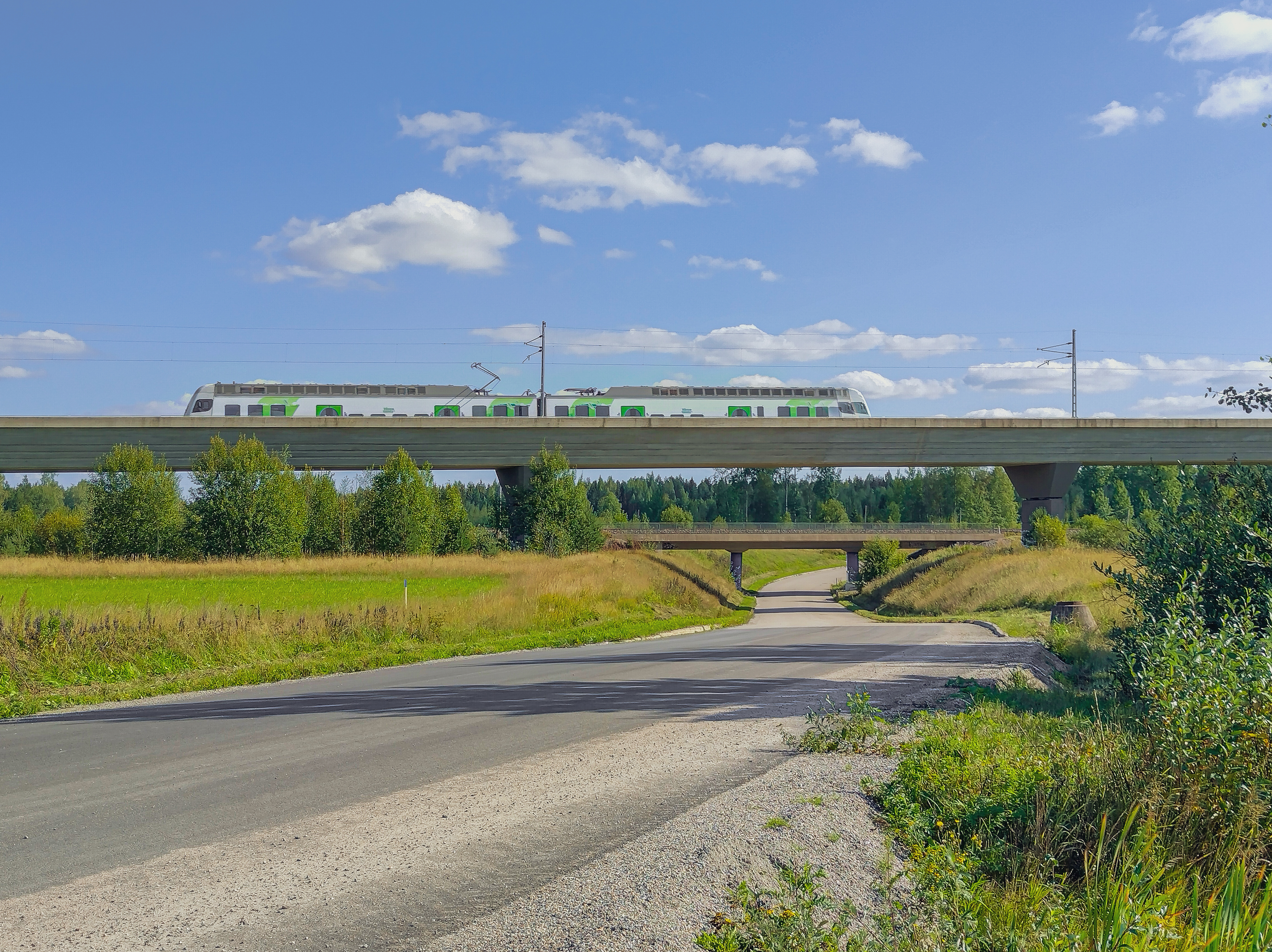 Kesäinen maisema, juna kulkemassa rautatiesillalla. lehteviä pensaita. 
