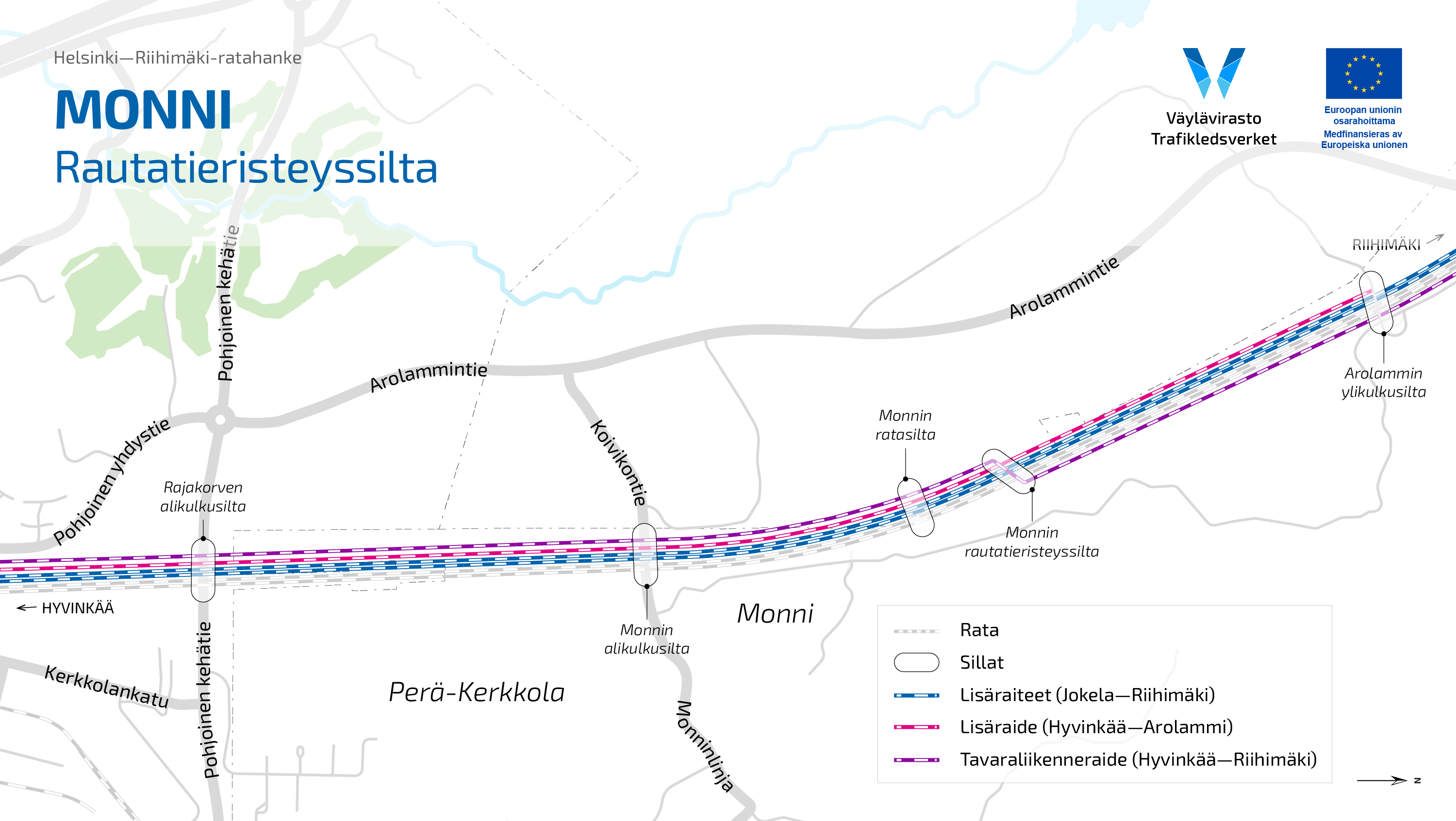 Karttakuva Monnin alueesta, jonne rautatieristeyssilta tulee.
