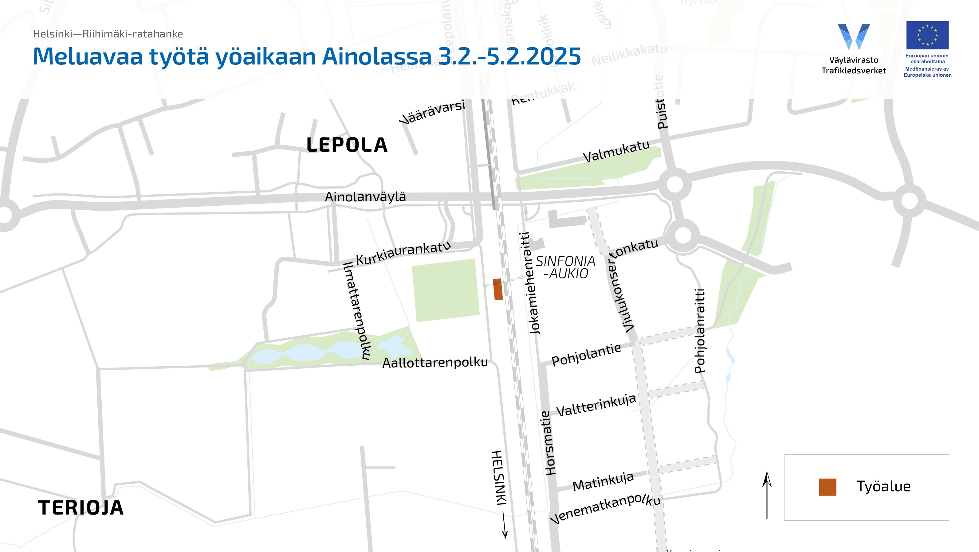 Karttakuva Ainolan aseman alueelta. Sinfonia-aukion kohdalle, radan länsipuolelle on karttaan laitettu punainen suorakaiteen muotoinen laatikko, joka kuvaa aluetta, jossa meluavaa työtä yöaikaa tehdään.