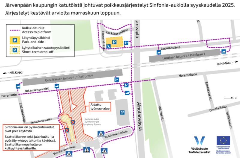 Karttakuva Ainolan seisakkeelta, jossa näkyy kulkureitit laitureille Järvenpään kaupungin katutöiden aikana.