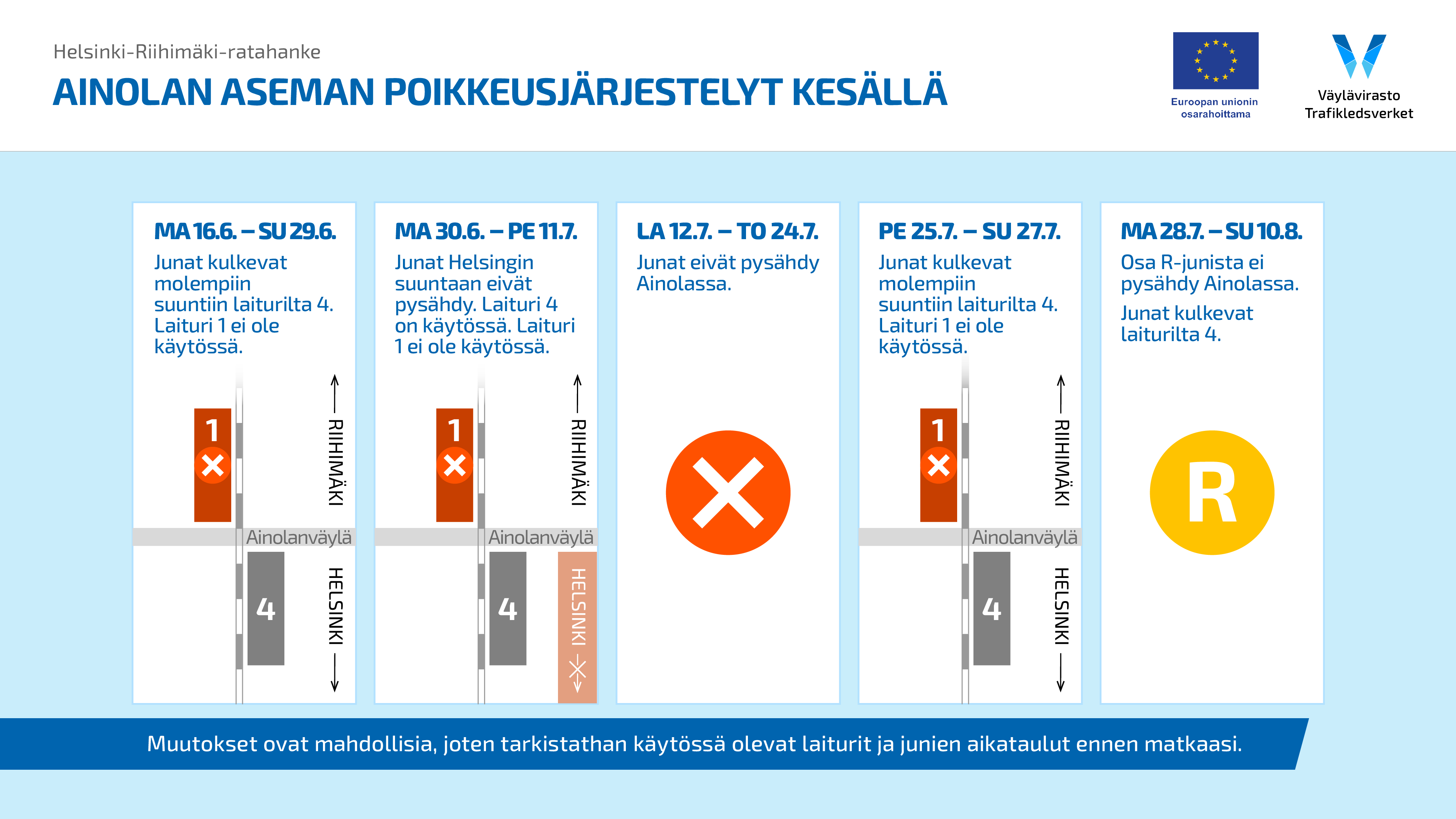 Grafiikassa Ainolan aseman poikkeusjärjestelyt 16.6.–10.8.2025. Lisätiedot tekstissä.
