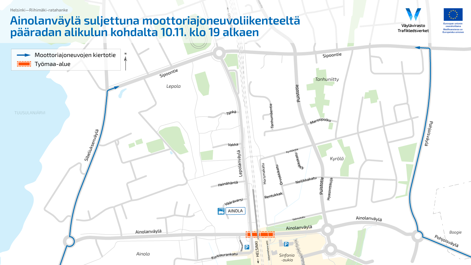 Kartta kuvaa Ainolanväylän liikennejärjestelyä 10.11.2024 alkaen.