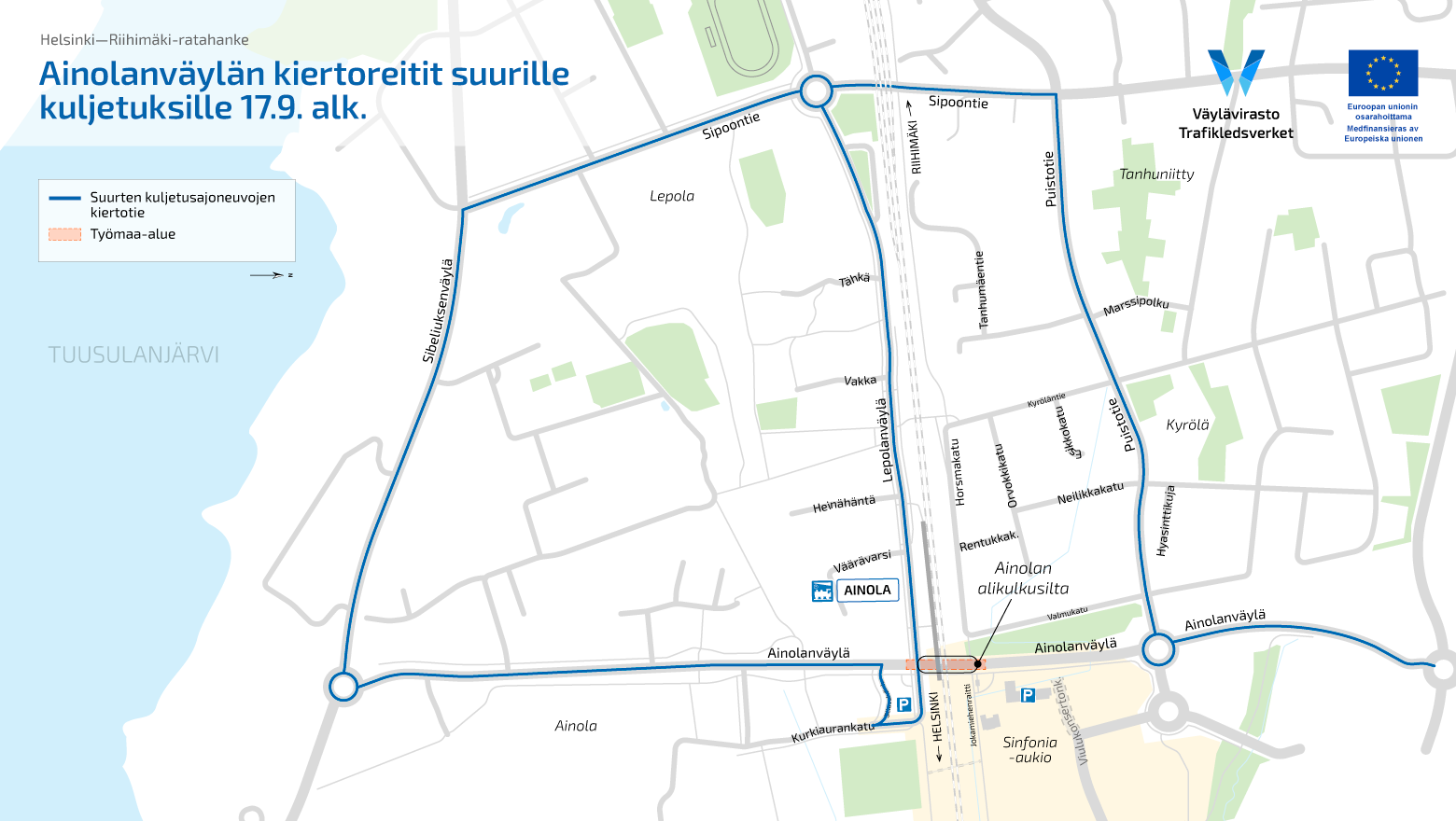 Karttakuva Ainolanväylän kiertoreiteistä 17.9.2024 alkaen.