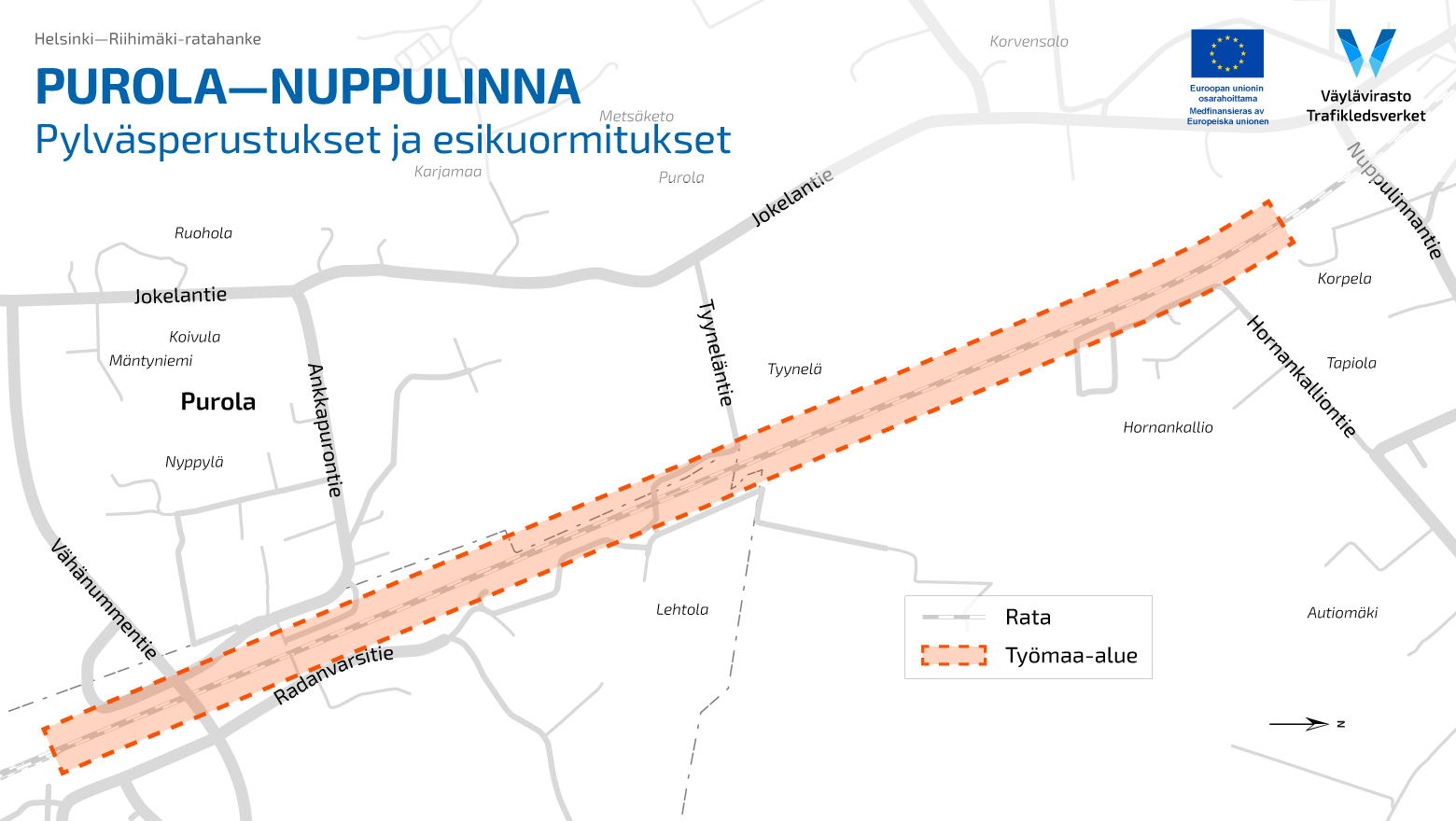 Karttakuva työalueesta Purolan ja Nuppulinnan välillä.