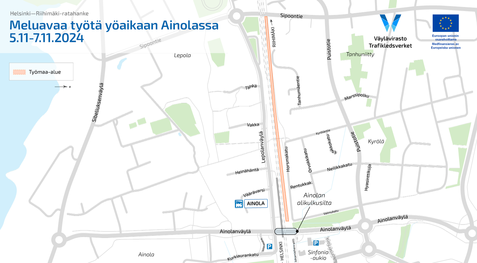 Kartta Järvenpään Ainolan meluseinien rakentamisesta. Ainolassa on meluavaa työtä yäaikaan 5.11.-7.11.2024.