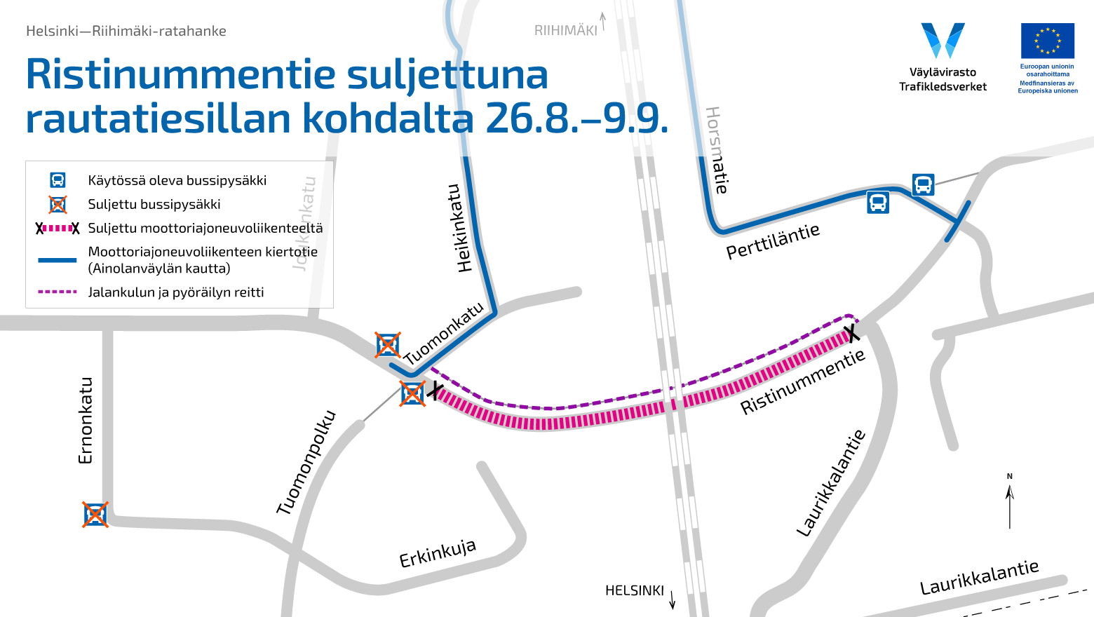 Ristinummentie on suljettuna rautatiesillan kohdalta 26.8.-9.9.2024. Kartassa on ohjattu moottoriajoneuvoliikenteen kiertotie Tuomonkatua, Heikinkatua, Horsmatietä ja Perttiläntietä pitkin Ainolanväylän kautta. 