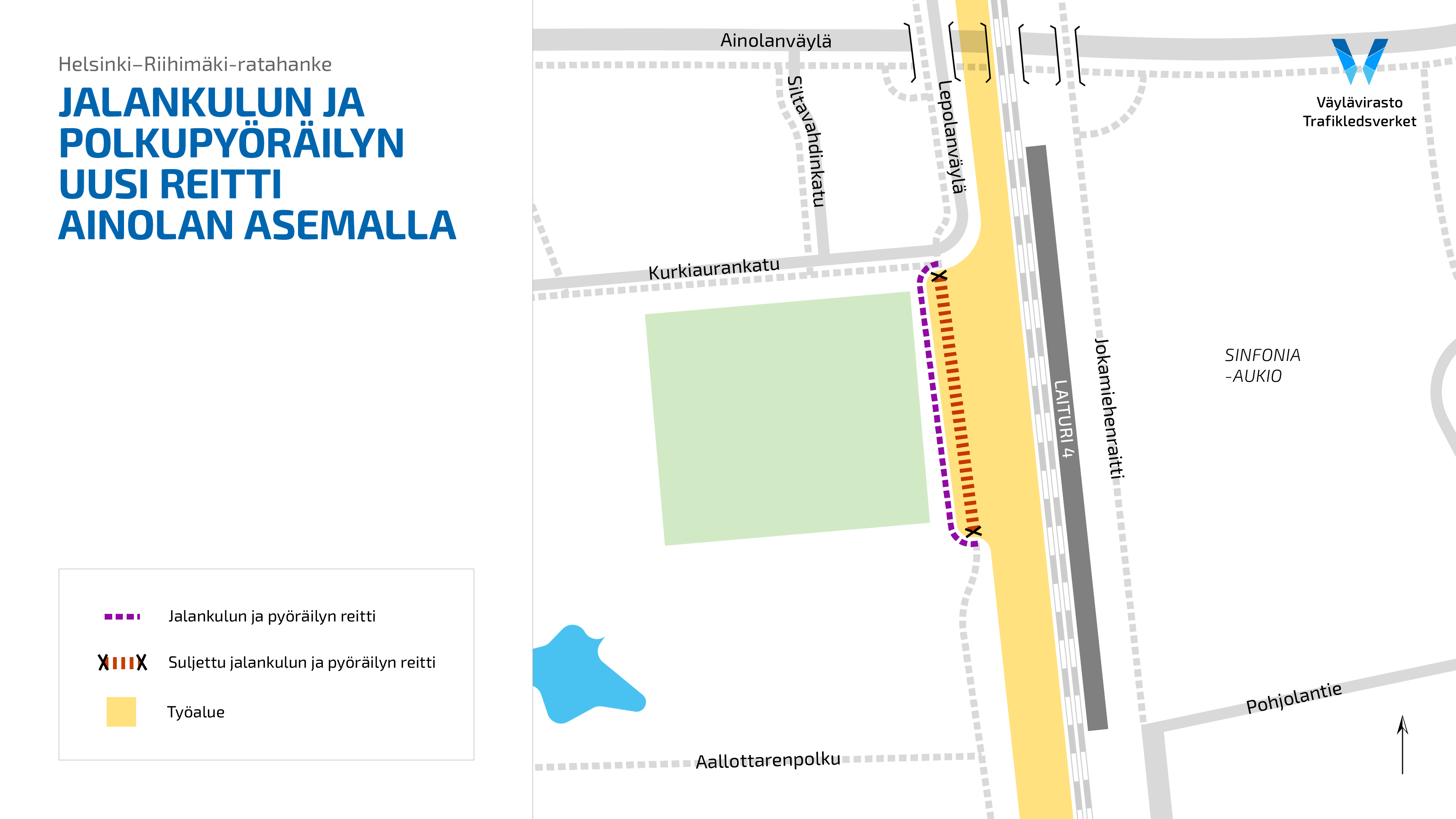 Piirretty karttakuva, jossa väliaikainen  jalankulkijoiden ja polkupyöräilijöiden reitti kulkee Ainolan aseman itäpuolella.