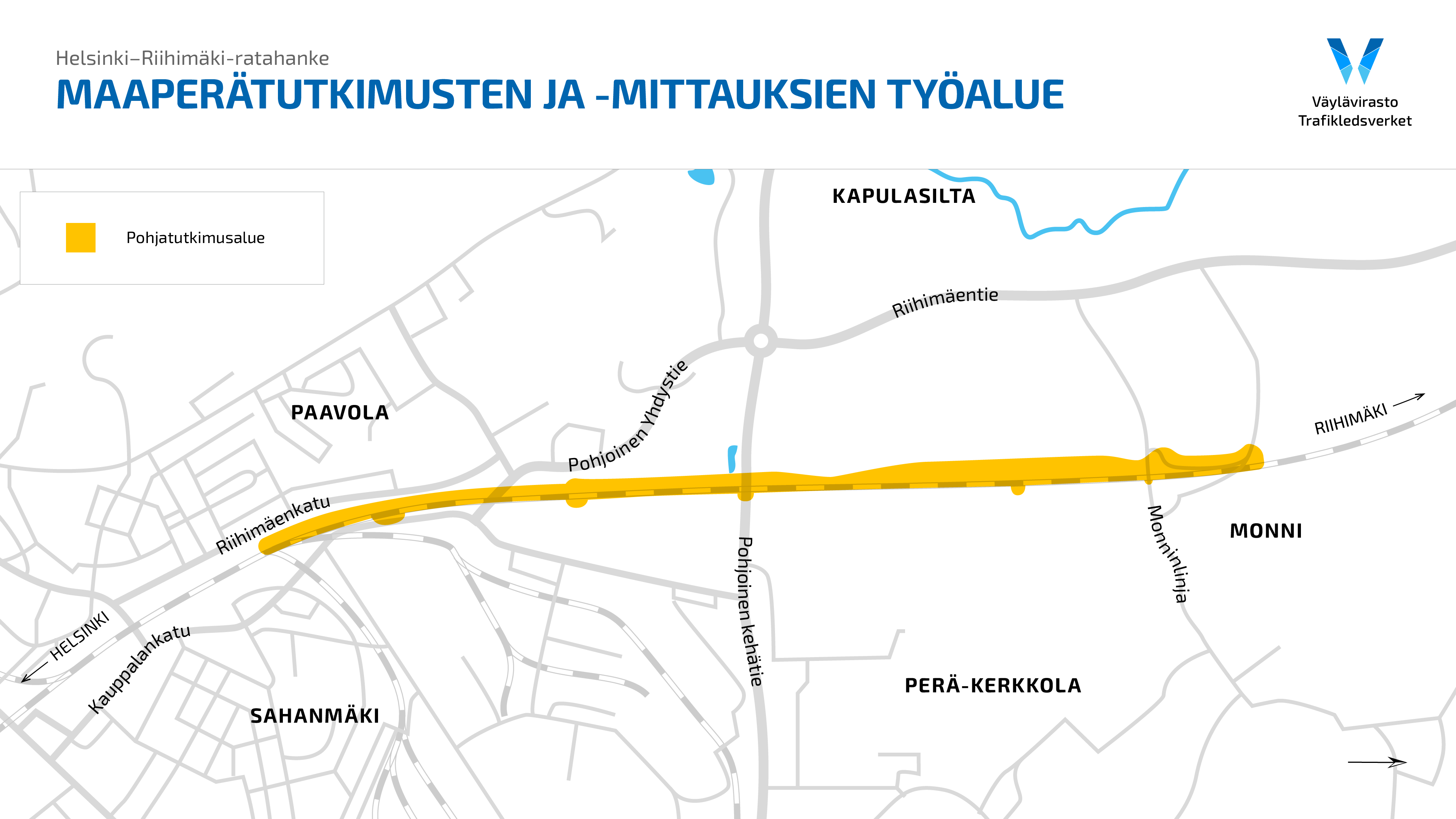 Karttakuva, jossa kuvan keskellä vasemmalta oikealle kulkee rautatie. Karttaan on keltaisella merkitty alue rautatien päälle, jossa tutkimuksia tehdään.