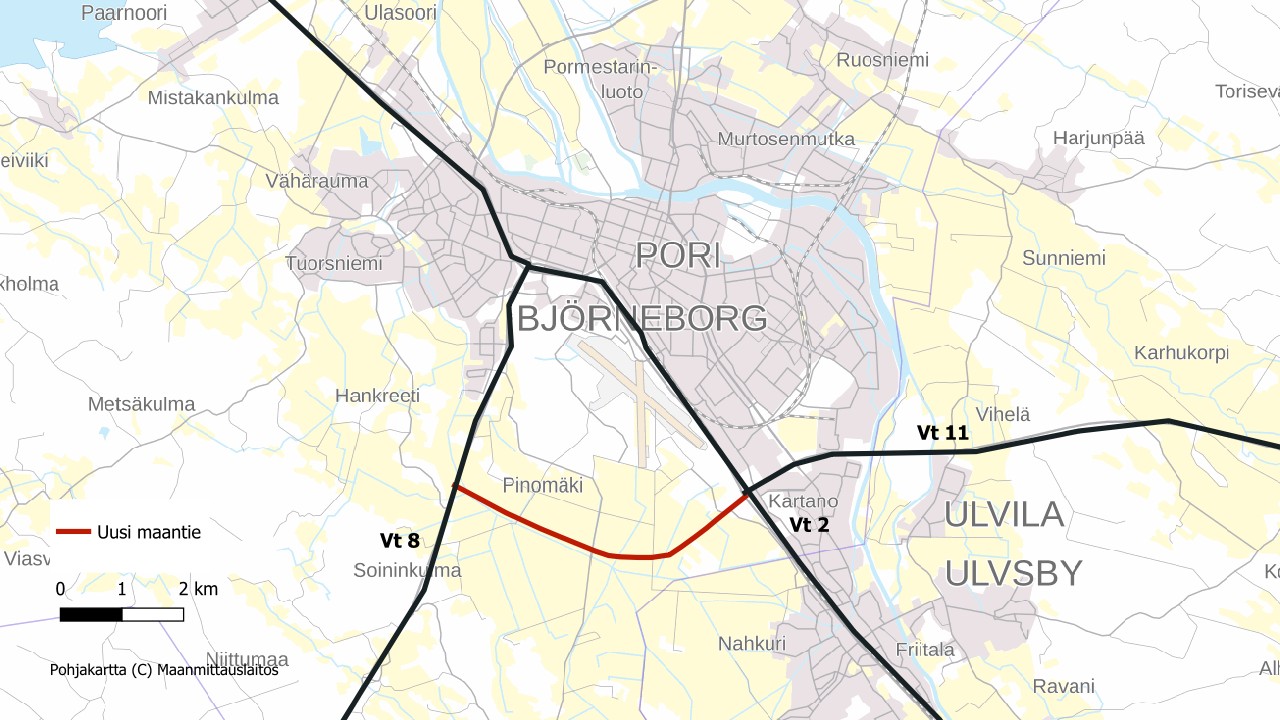 Kuvassa esitetään hankkeen sijainti. Uusi suunniteltava maantie yhdistää valtatien 2 ja valtatien 8 toisiinsa Porin taajaman eteläpuolella.