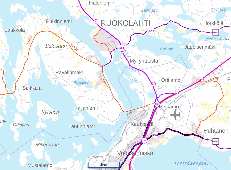 Karttakuva Imatran ja Ruokolahden välisestä alueesta. 
