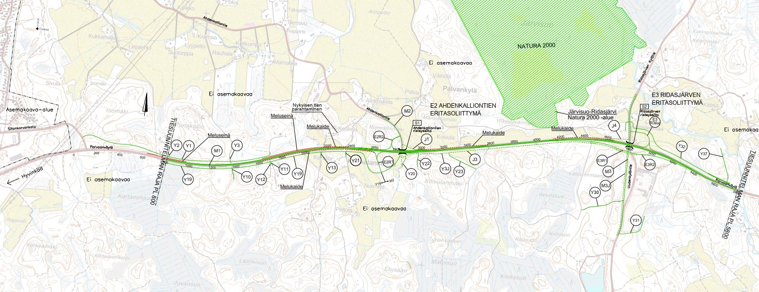Kuvassa suunnitelmaluonnos valtatien 25 parantamisesta välillä Kartanonsuo - Keravanjoki, jossa esitetään suunnittelutoimenpiteet valtatiellä 25, muun muassa uusi eritasoliittymä sekä ympäröivän tieverkon liittyminen siihen.