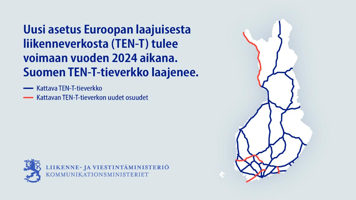 Kartta uuden TEN-T-asetuksen mukaisesta laajasta liikenneverkosta.