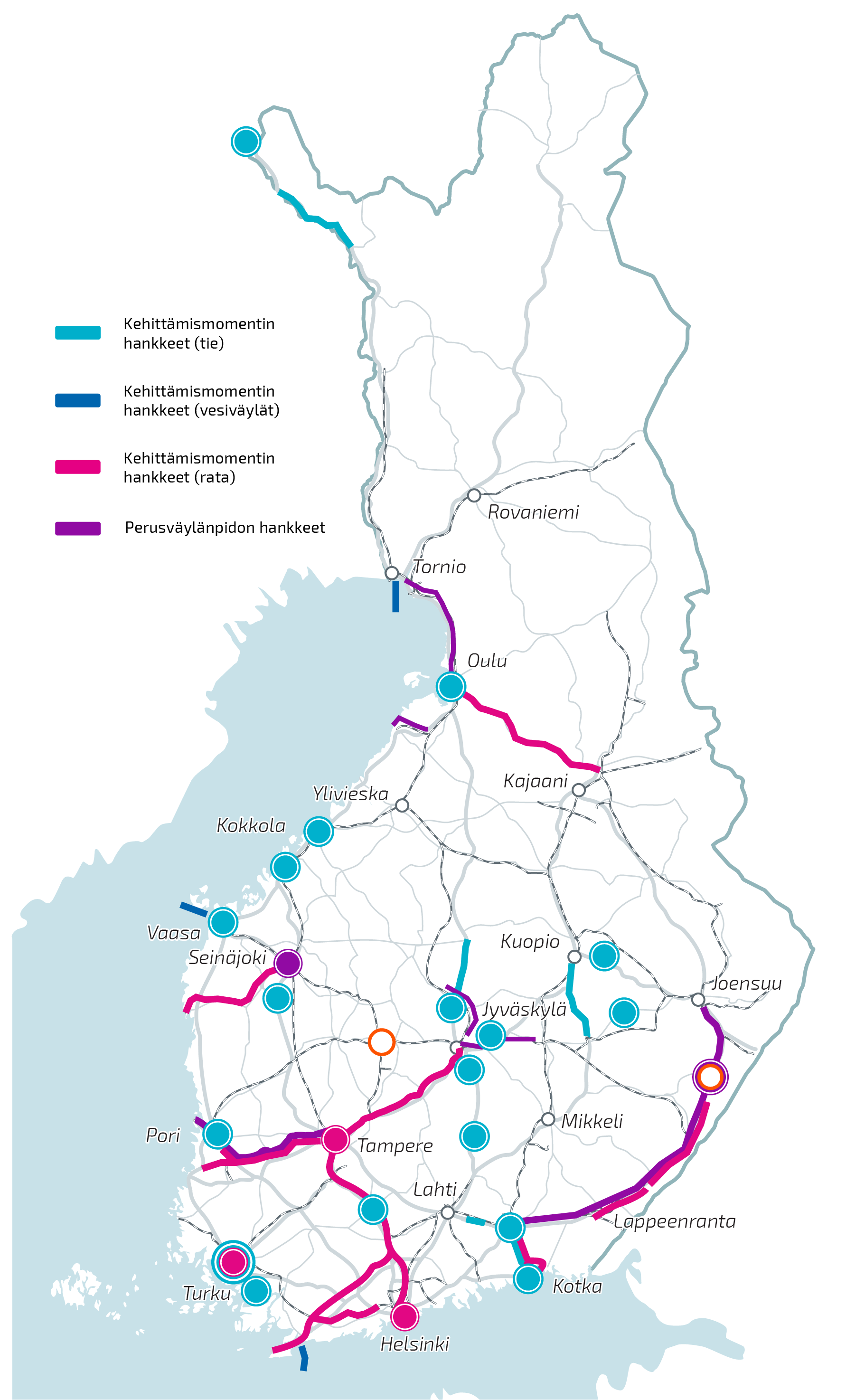 Vuonna 2025 käynnissä olevat ja käynnistyvät Väyläviraston liikenneinfrahankkeet kartalla.