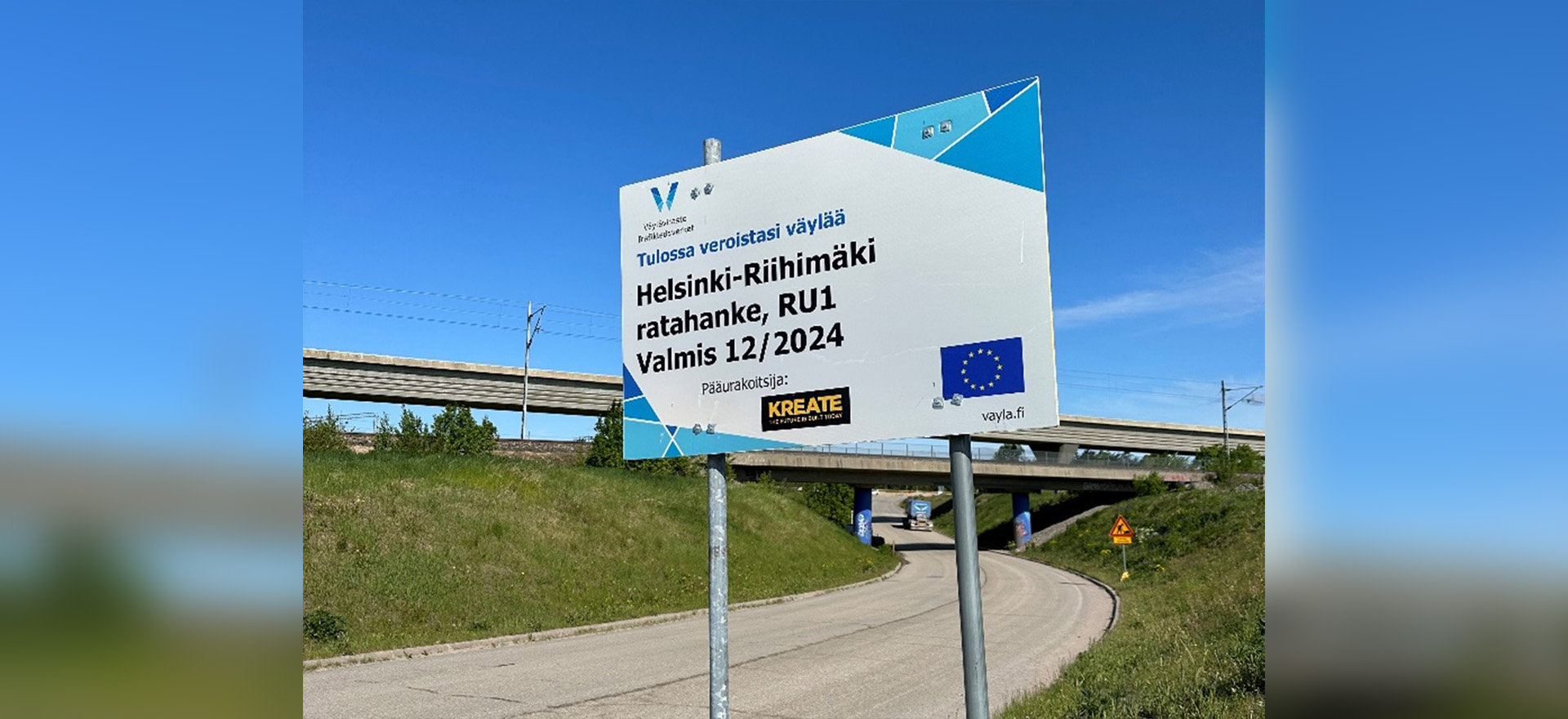 Helsinki-Riihimäki-ratahankkeen työmaataulu, jossa myös maininta EU-tuesta.