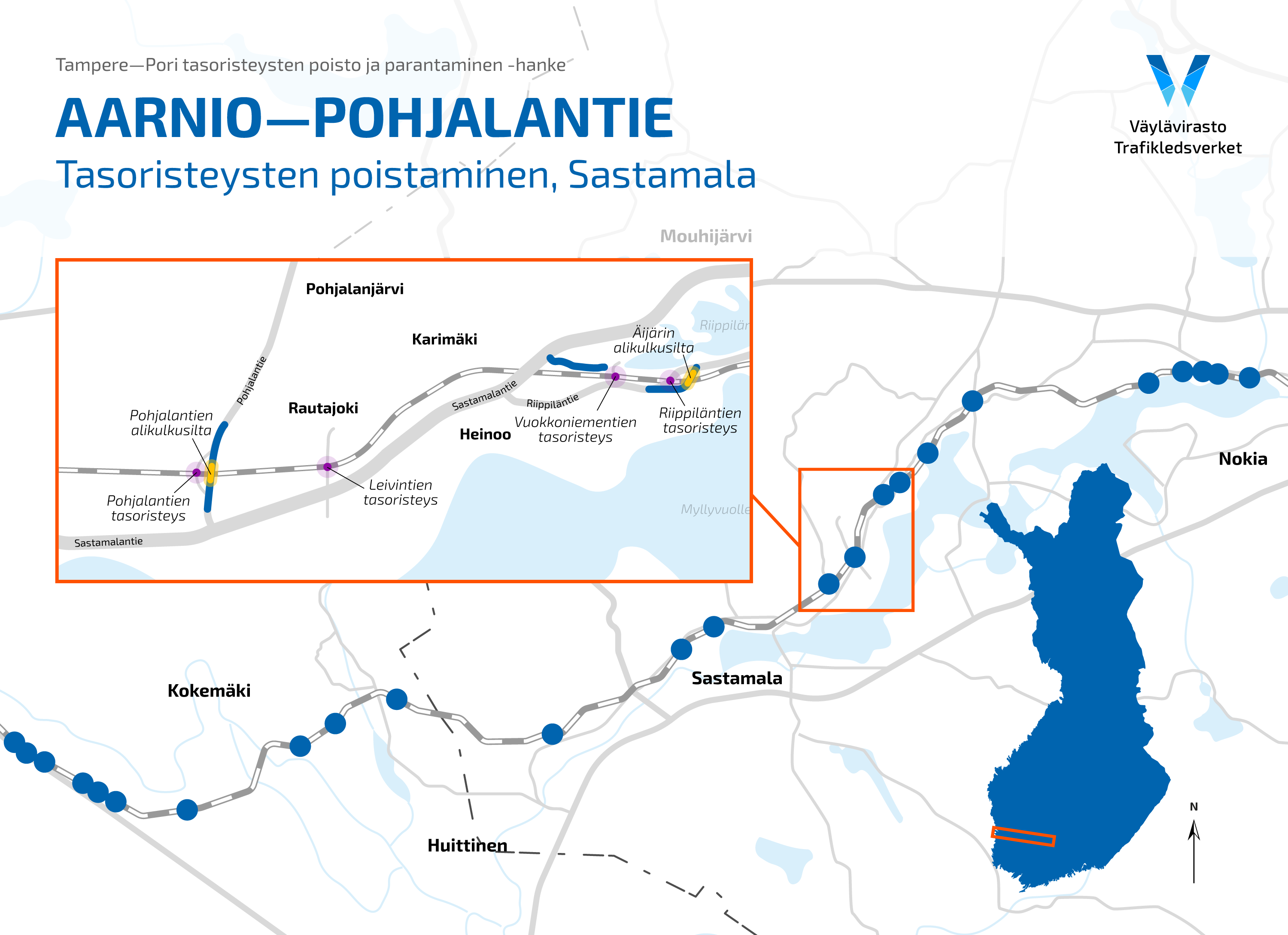 Konteksti-suunnitelmakartta Aarnio-Pohjalantie tasoristeysten poistamisesta Sastamalassa