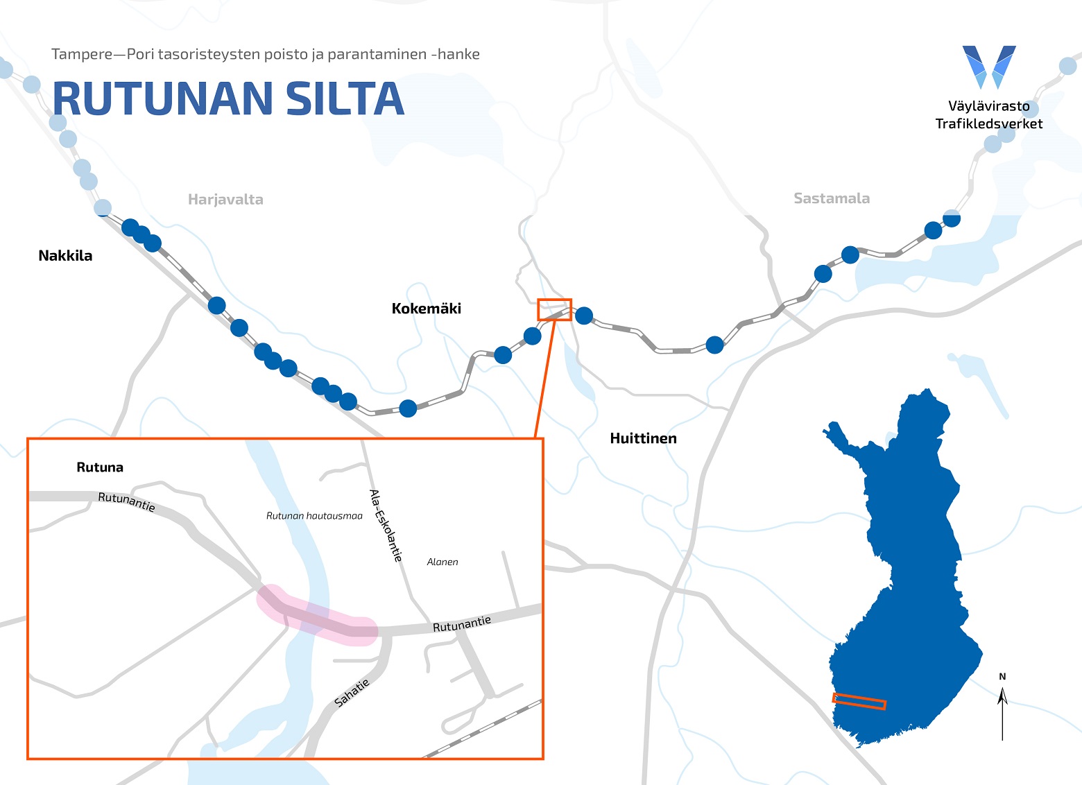 Rutunan sillan sijainti on Kokemäellä Rutunantiellä lähellä Sahatien liittymää. 