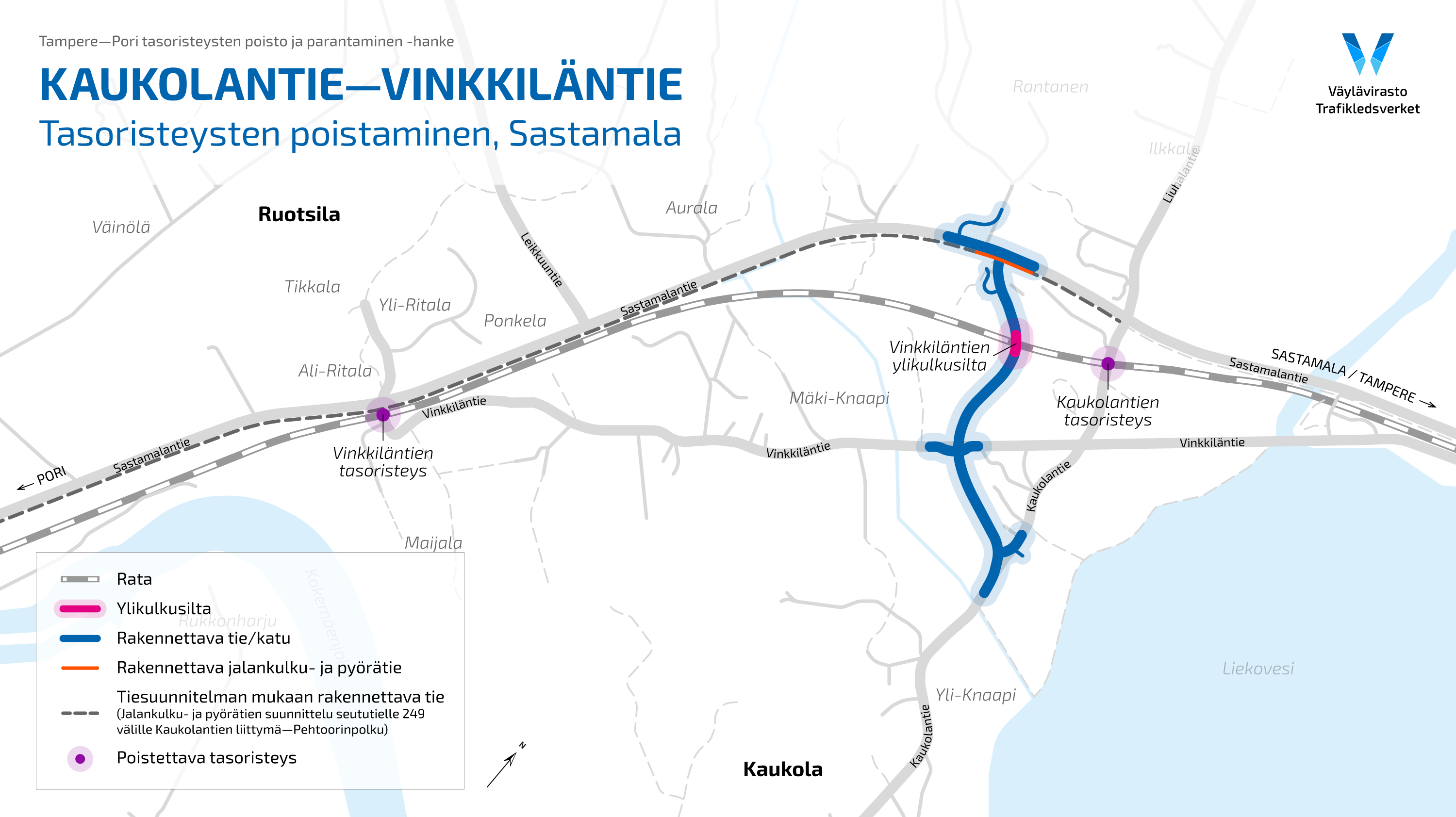 Kaukolantie-Vinkkiläntie kartta, jossa näkyvät poistettavat tasoristeykset ja rakennettava tieosuus Vinkkilän ylilkukusillan kanssa.