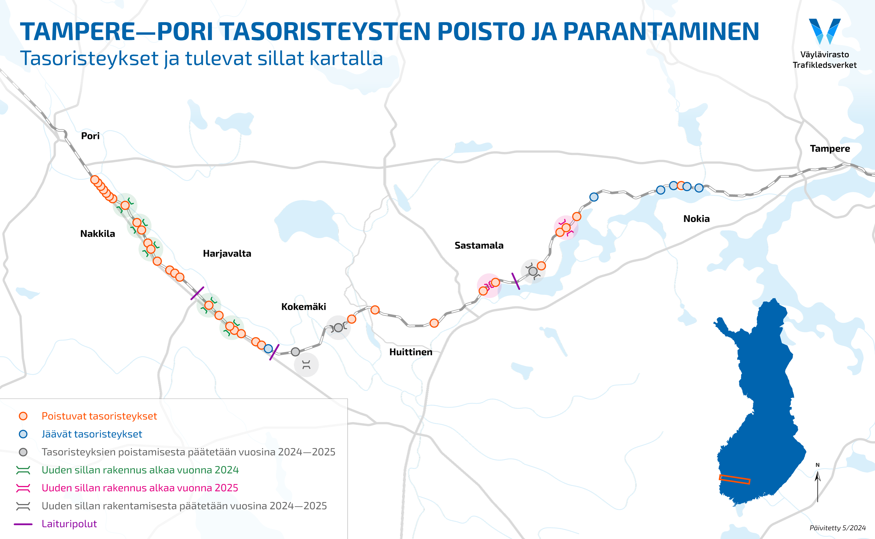 Tampere-Pori tasoristeysten poisto ja parantaminen -hankkeen kartta, jossa näkyy tasoristeysten sekä tulevien siltojen toimenpiteet.