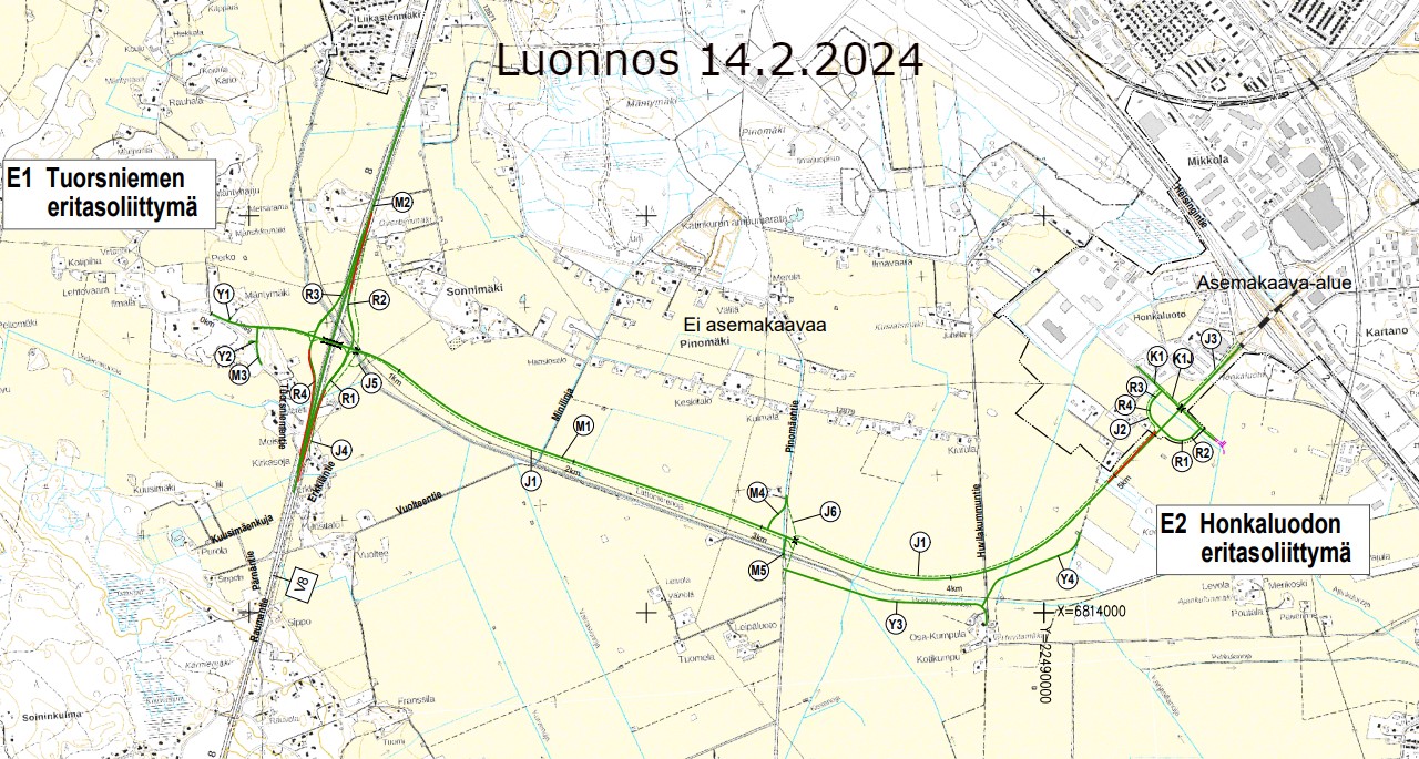 Yleiskartta (14.2.2024) suunnitelluista toimenpiteistä, jotka on kuvattu edellä tekstissä. Kartalla on osoitettu uuden maantien sijoittuminen Porin taajaman eteläpuolelle sekä uudet eritasoliittymät Tuorsniemeen ja Honkaluotoon.