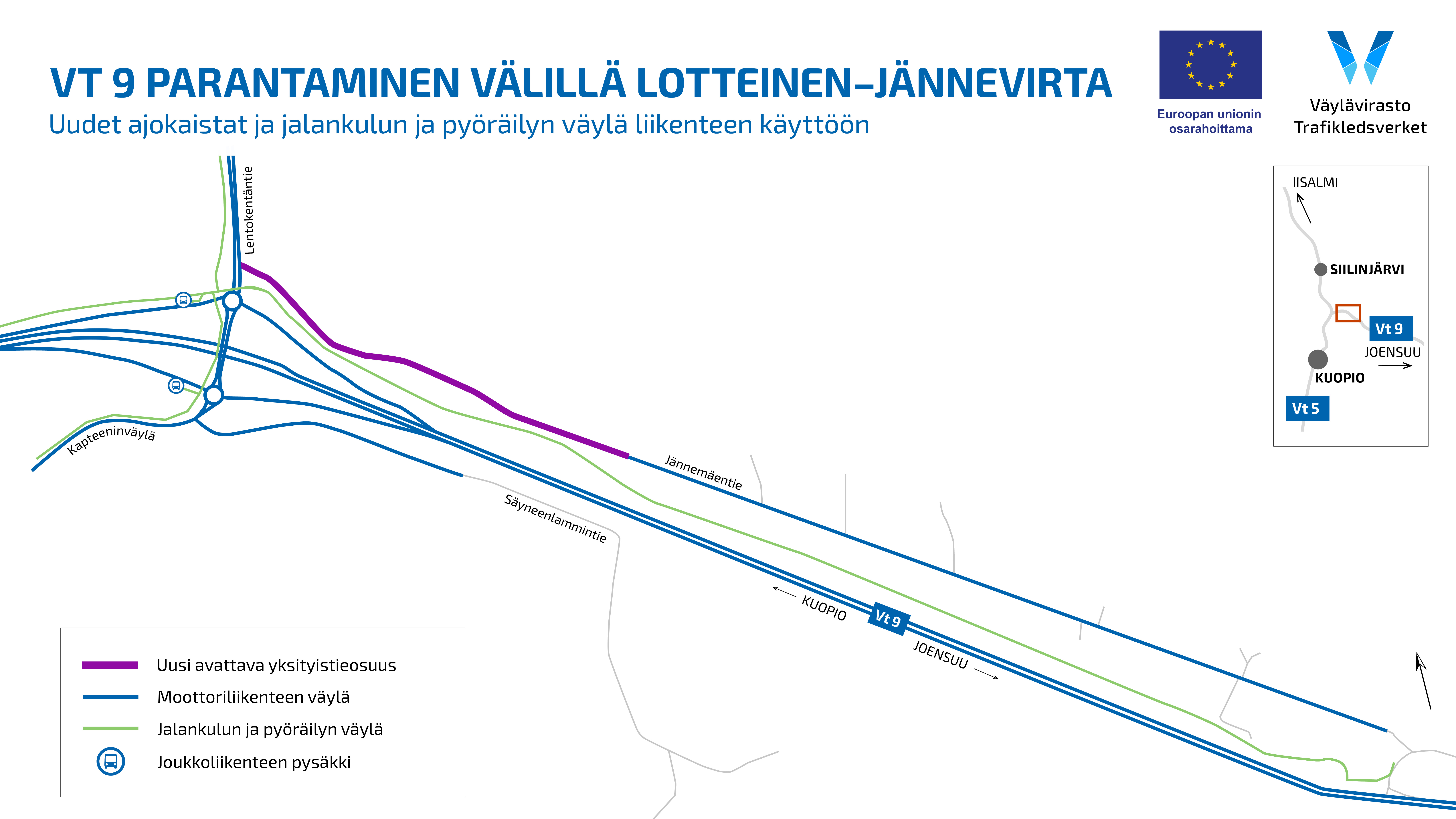 Kartta esittää VT 9:n parannetun tieosuuden välillä Lotteinen-Jännevirta sekä uudet ajokaistat, jalankulku- ja pyöräilyväylät ja joukkoliikenteen pysäkit. 