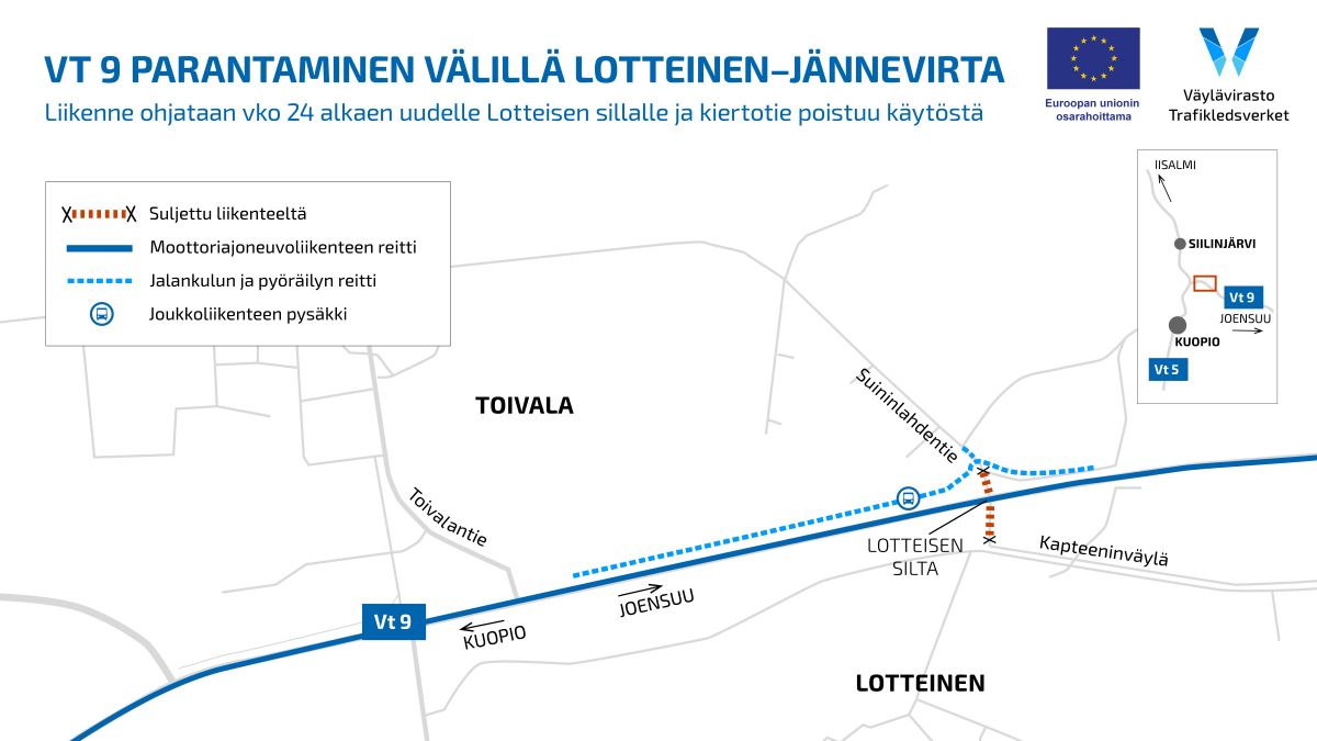 Kartta esittää liikennejärjestelyjä valtatiellä 9 Lotteisen ja Jännevirran välillä viikosta 24 alkaen. Uusi Lotteisen silta otetaan käyttöön ja kiertotie suljetaan. Moottoriajoneuvoliikenne ohjataan sinisellä merkitylle uudelle reitille Lotteisen sillan kautta. Jalankulku ja pyöräily kulkevat katkoviivalla merkityllä reitillä. Joukkoliikenteen pysäkki on merkitty sinisellä bussisymbolilla. Suljettu osuus entisestä reitistä on merkitty katkoviivaisella punaisella viivalla ja X-merkein. Kartalla näkyvät paikannimet Toivala, Lotteinen, Toivalantie ja Suininlahdentie.
