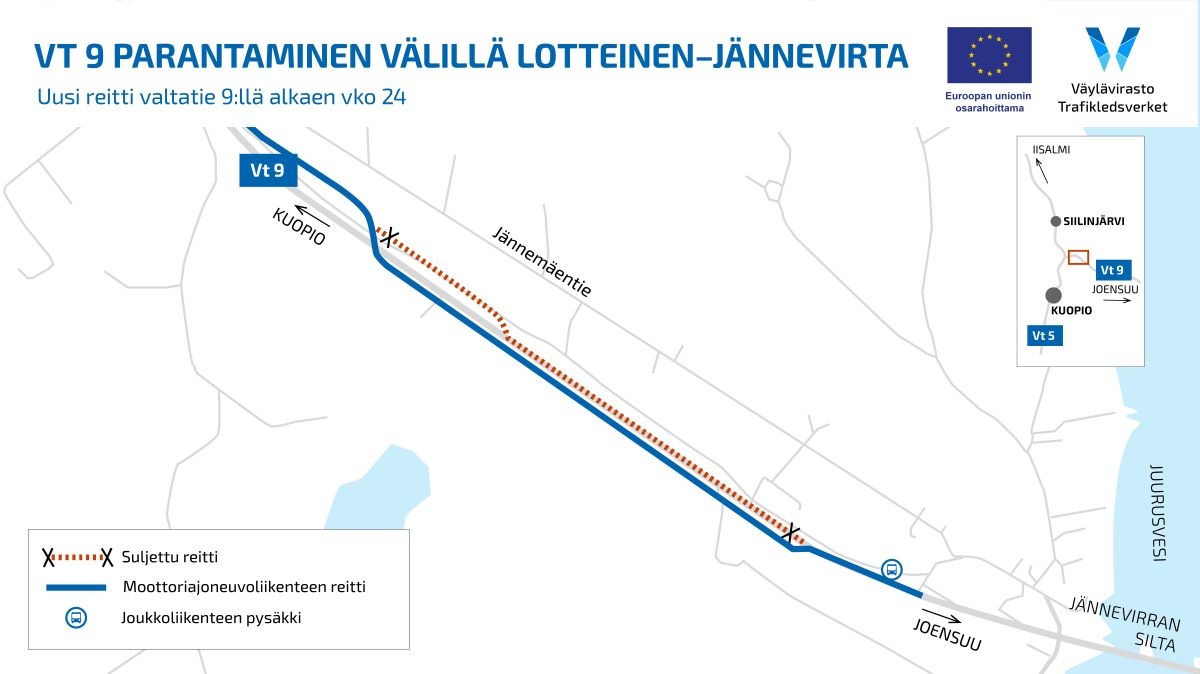Kartta esittää uuden moottoriajoneuvoliikenteen reitin valtatie 9:llä Lotteisen ja Jännevirran välillä, käyttöön viikosta 24 alkaen. Uusi reitti on merkitty sinisellä ja kulkee nykyisen väylän rinnalla. Vanha kiertotie Jännemäentiellä on merkitty katkoviivaisella punaisella viivalla ja X-merkein suljetuksi. Joukkoliikenteen pysäkki on merkitty sinisellä bussisymbolilla Jännevirran sillan tuntumaan. Paikannimet Kuopio, Joensuu ja Jännemäentie näkyvät kartalla, samoin Juurusvesi.