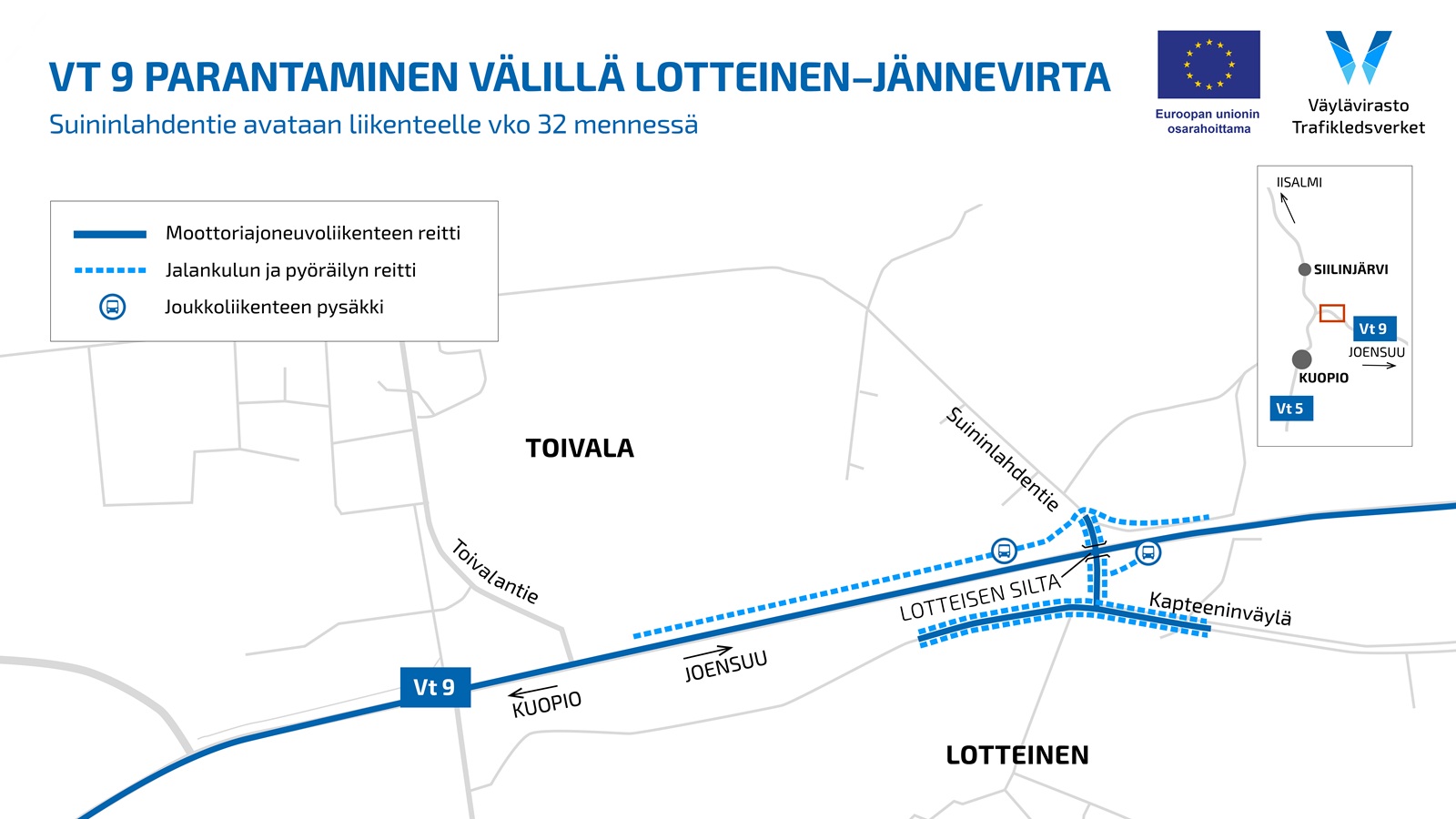 Karttakuva Valtatie 9:n parannustyöstä Lotteisen ja Jännevirran välillä Siilinjärvellä. Kartassa esitetään moottoriajoneuvoliikenteen reitit sinisellä viivalla, jalankulku- ja pyöräilyreitit katkoviivalla sekä joukkoliikenteen pysäkit sinisillä bussisymboleilla. Kartassa näkyy Suininlahdentien ja Kapteeninväylän liittymä, jonka kautta pääsee Lotteisen sillan ali Toivalaan. Kuvan yläreunassa maininta: 