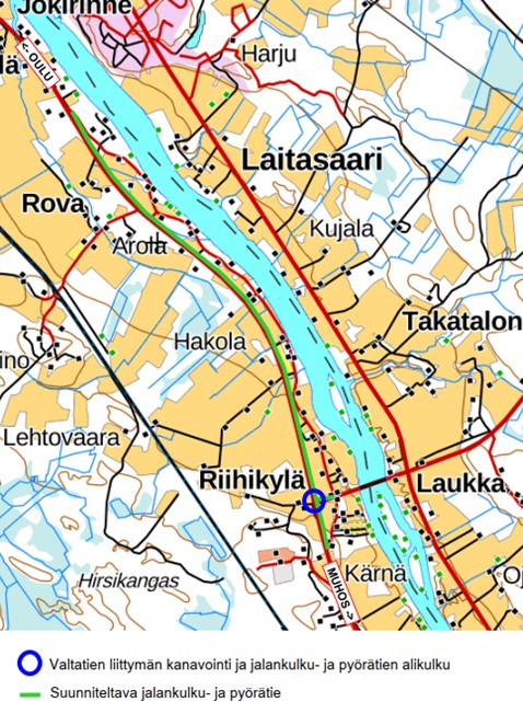 Suunnittelualueen kartalla suunniteltava jalankulku- ja pyörätie Laitasaari - Kärnä sekä valtatien liittymän kanavointi ja jalankulku- ja pyörätien alikulku Riihikylässä.