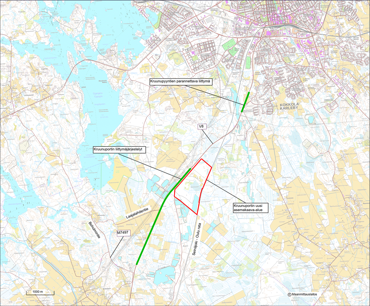 Kuvassa on esitetty aiemmin tekstissä kuvattu tiesuunnitelmakohteen sijainti. Lisäksi kartassa on esitetty Kruunuportin asemakaavan sijainti. Asemakaava sijaitsee Kokkolan kaupungissa Kruunupyyn kunnan rajalla valtatien 8 ja rautatien välissä.