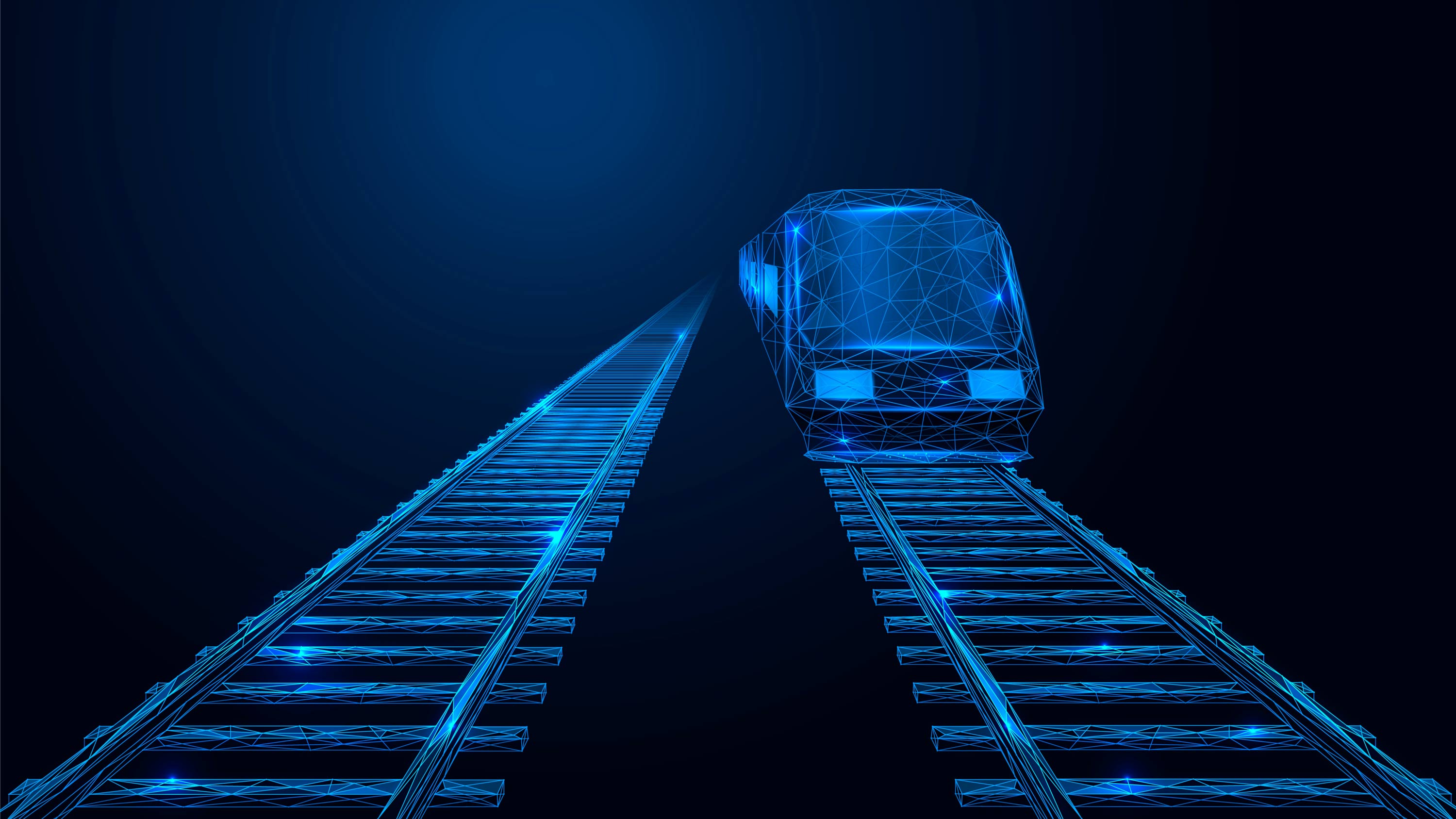 Digitaalisesti luotu sininen juna kulkee hehkuvilla raiteilla pimeää taustaa vasten.