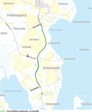 Pyhäjärventielle (maantie 7702) suunniteltavan jalankulku- ja pyöräilytien sijainti kartalla.