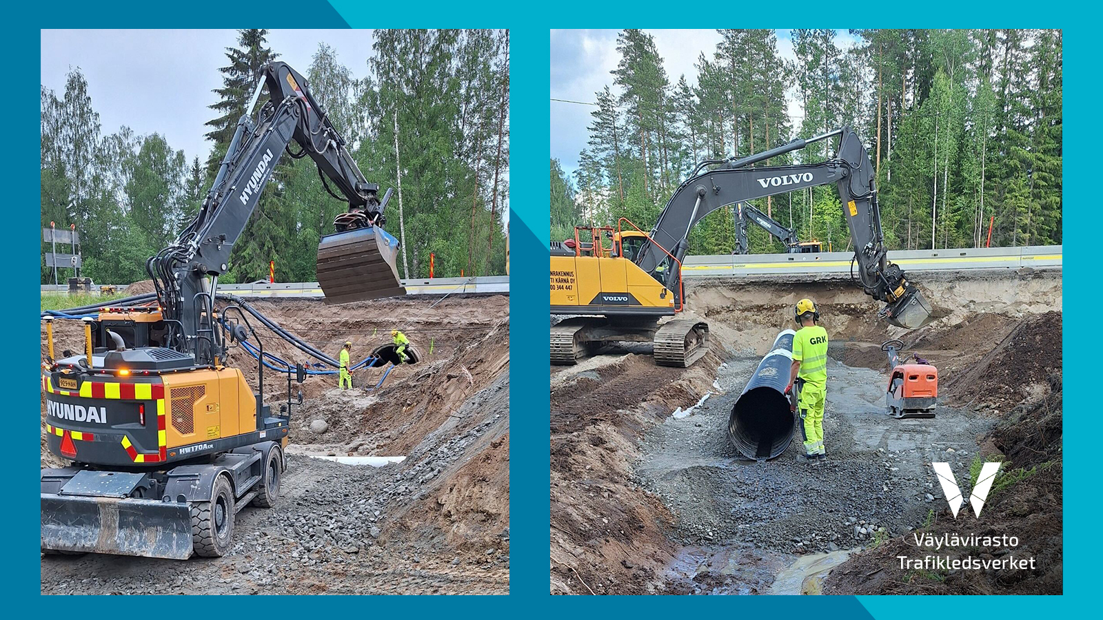 Kaksi kuvaa tienrakennustyömaalta metsäisessä ympäristössä. Vasemmalla kaivinkone ja kaksi työntekijää maarummun läheisyydessä. Oikealla kaivinkone, työntekijä ja suuri putki.