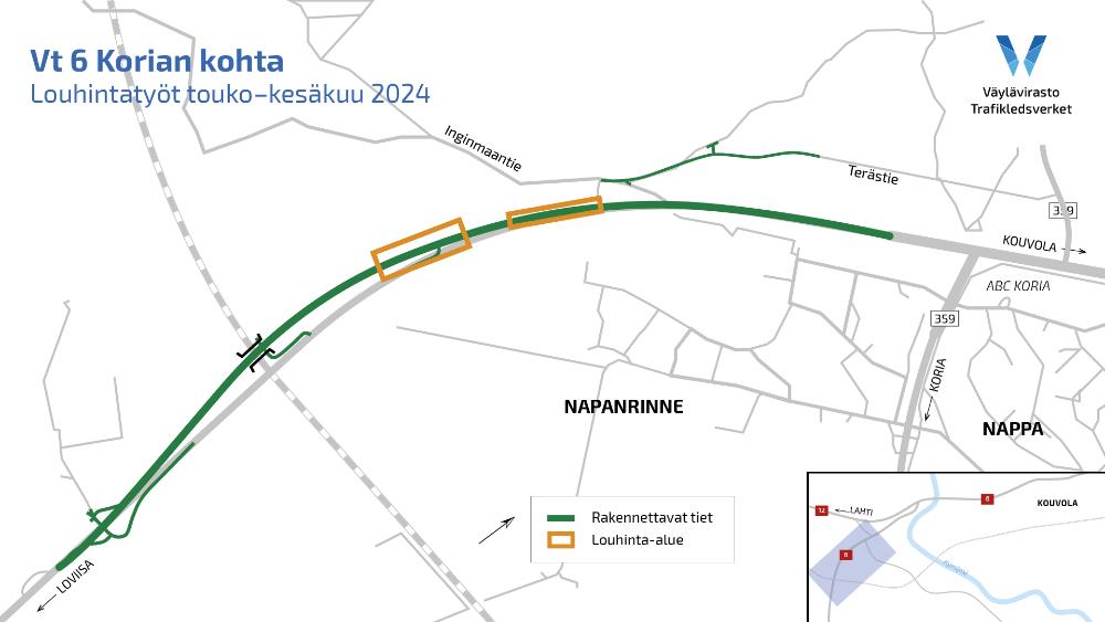 Vt 6 Korian kohta. Louhintatyöt touko–kesäkuu 2024. Louhinta-alueet sijaitsevat työmaan pohjoisosassa Inginmaantien yksityistieliittymän ja rautatien ylikulkusillan välillä.