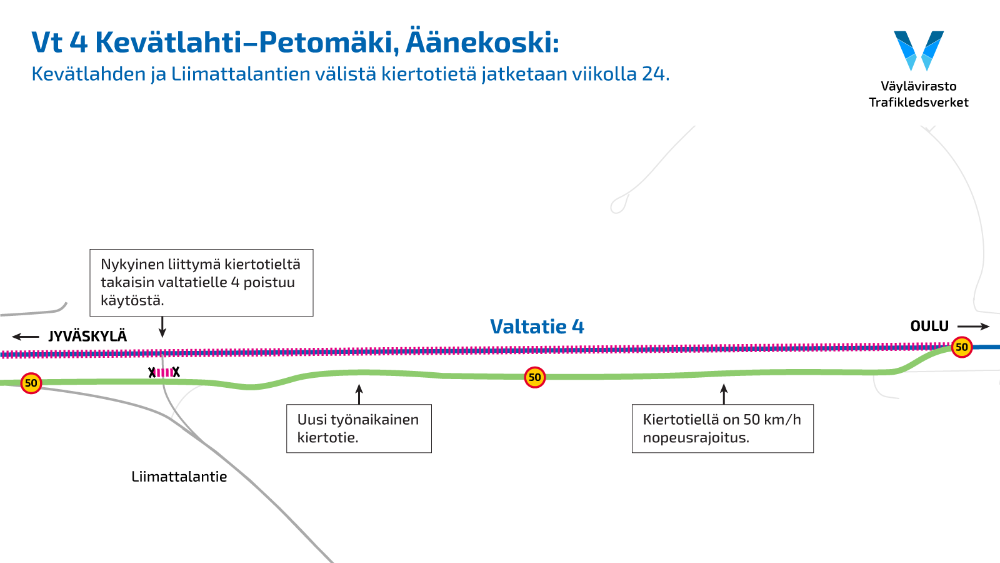 Kartta valtatie neljän Kevätlahden ja Liimattalantien välisen kiertotien pidennyksestä