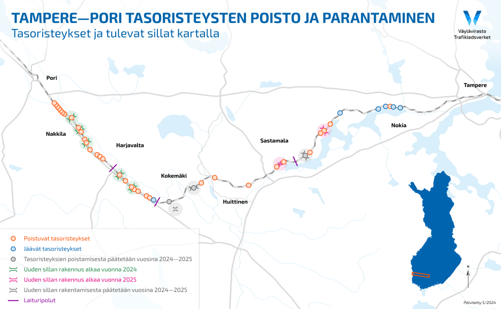 Tampere-Pori tasoristeykset karttakuvassa