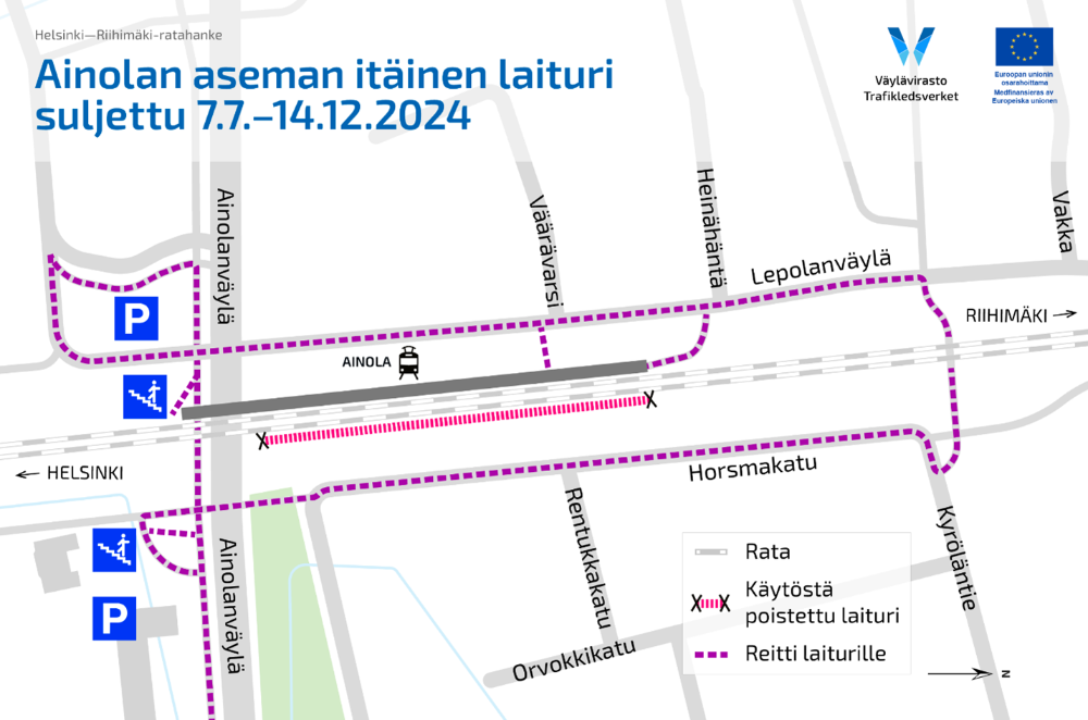 Karttakuva Ainolan aseman poikkeusjärjestelyistä