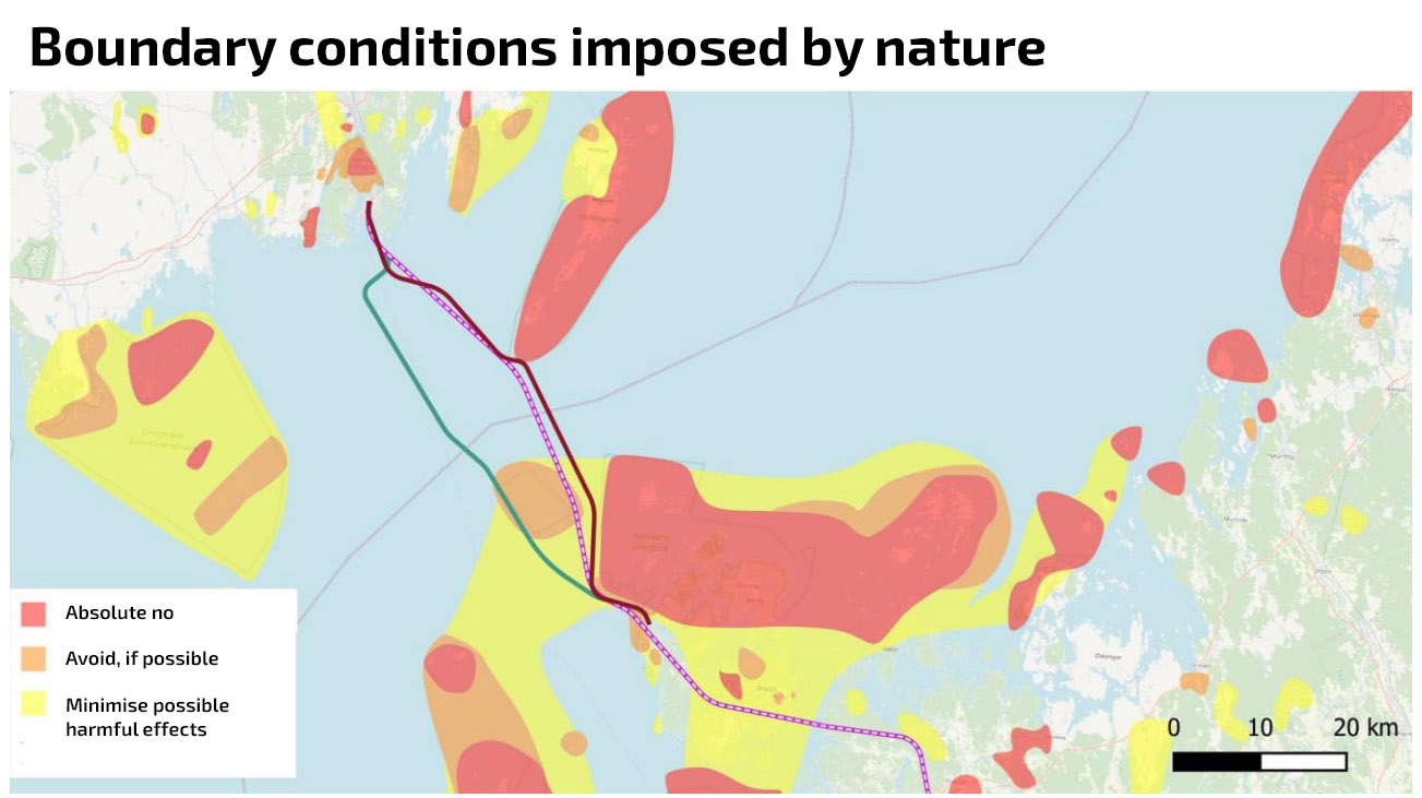 Image: Boundary conditions for the planning of the Kvarken fixed connection, areas to be avoided on the basis of environmental values.