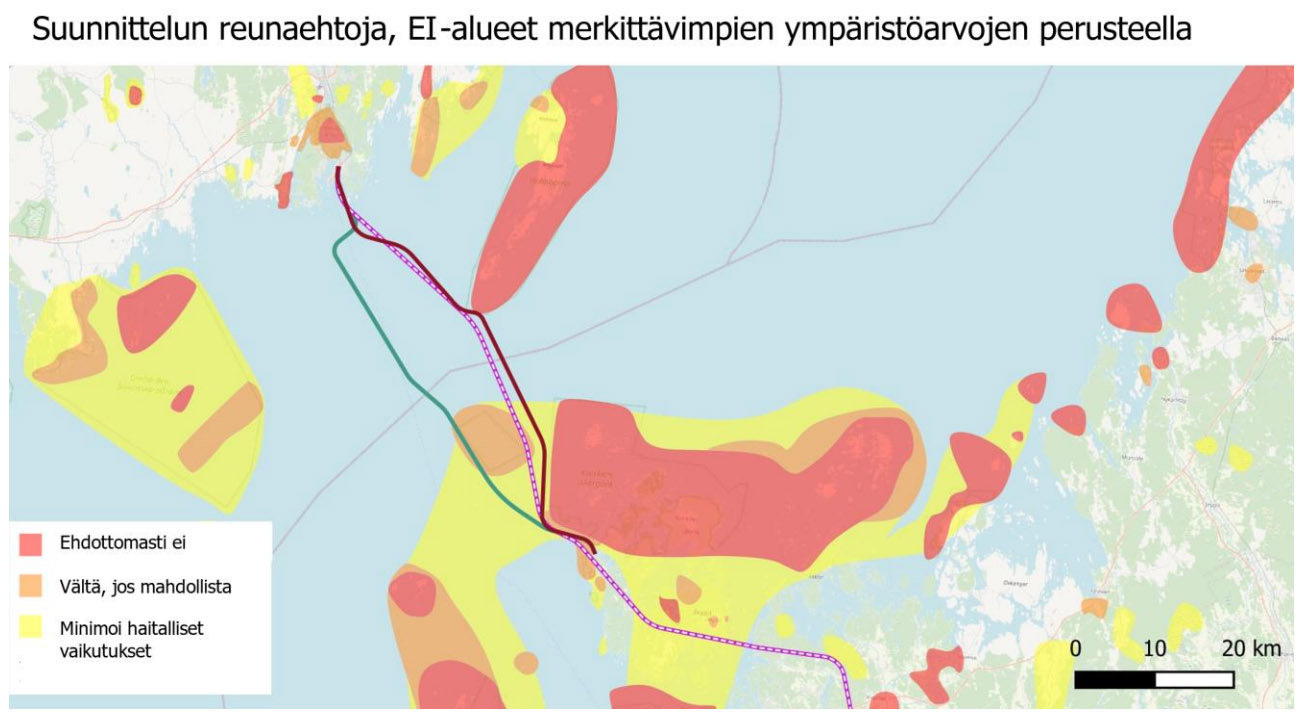 Merenkurkun kiinteään yhteyteen liittyvä kartta, johon merkittynä alueet, joita tulee välttää ympäristöarvojen perusteella.