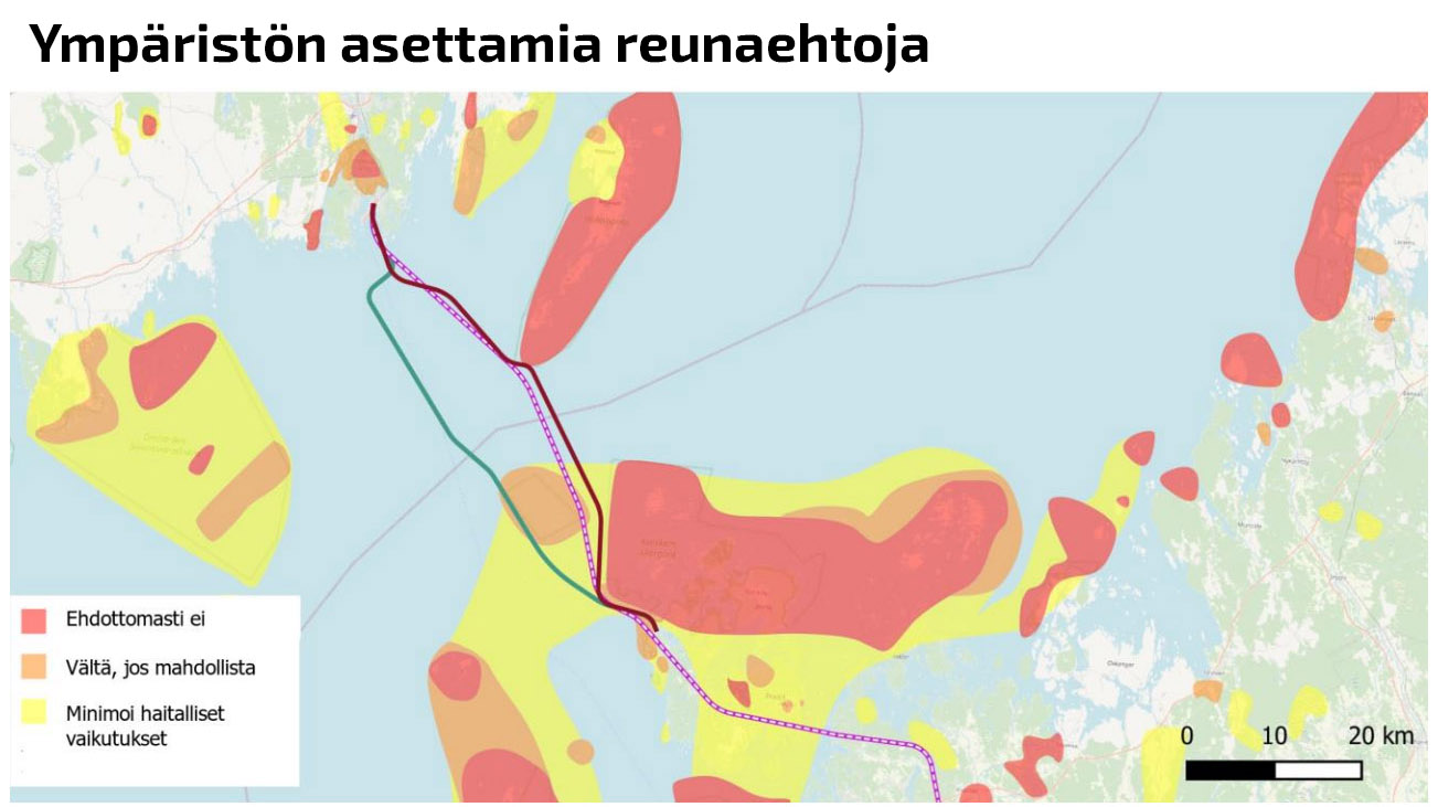 Merenkurkun kiinteään yhteyteen liittyvä kartta, johon merkittynä alueet, joita tulee välttää ympäristöarvojen perusteella.