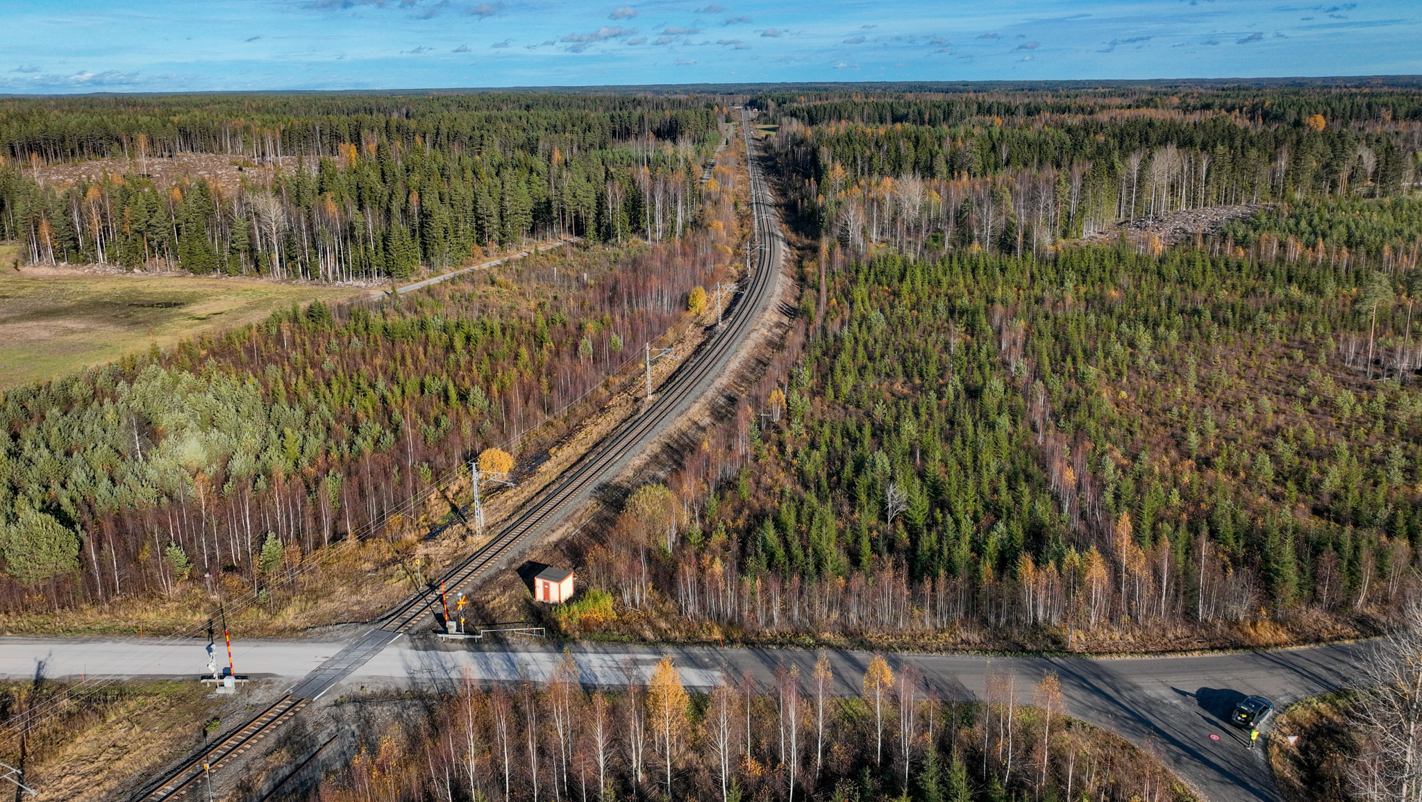 Ilmakuva Kokemäen Pajamäen tasoristeyksen kohdalta 2024. 