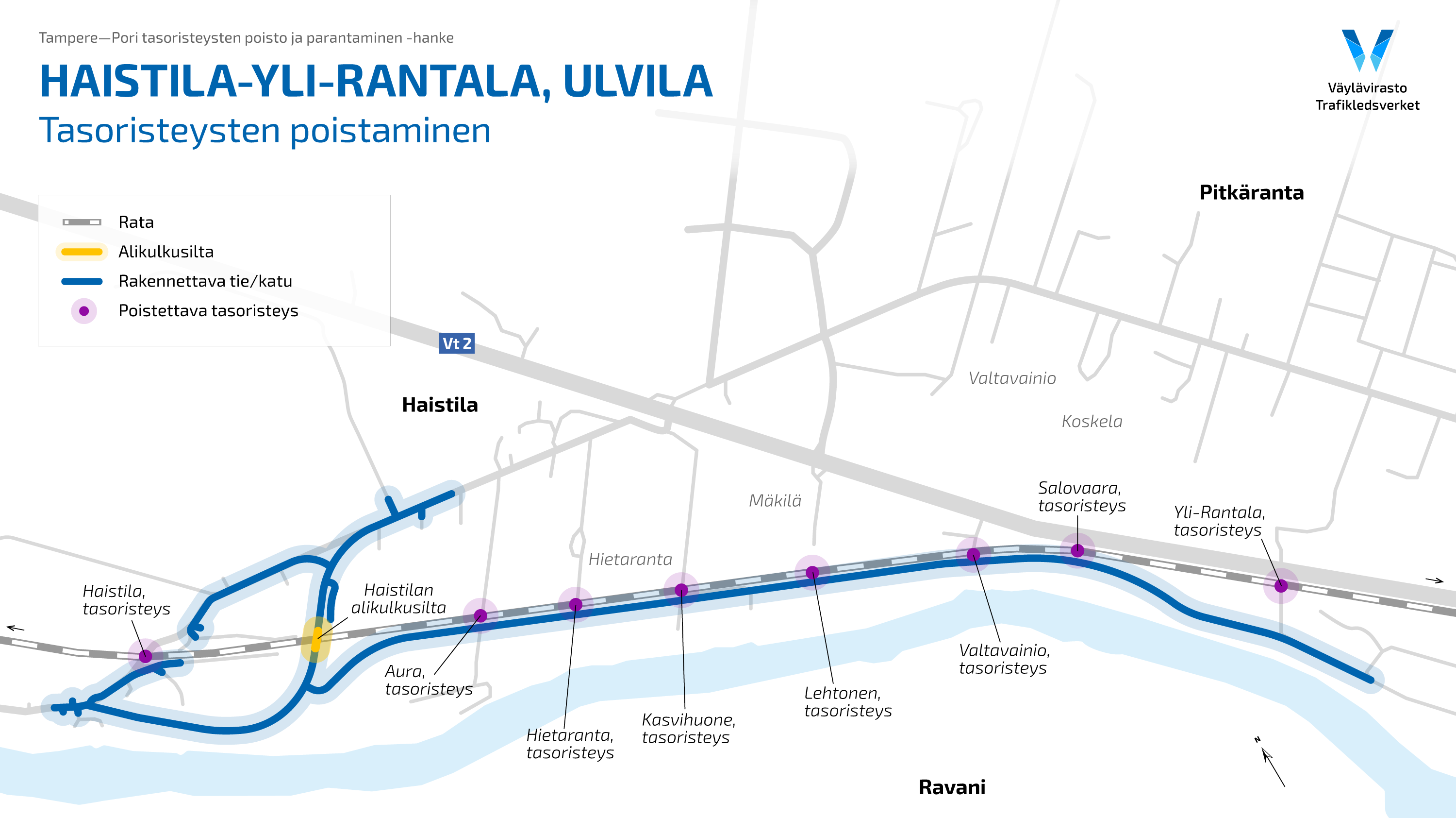 Karttakuva Haistilantien tasoristeysten poistamisesta Ulvilassa